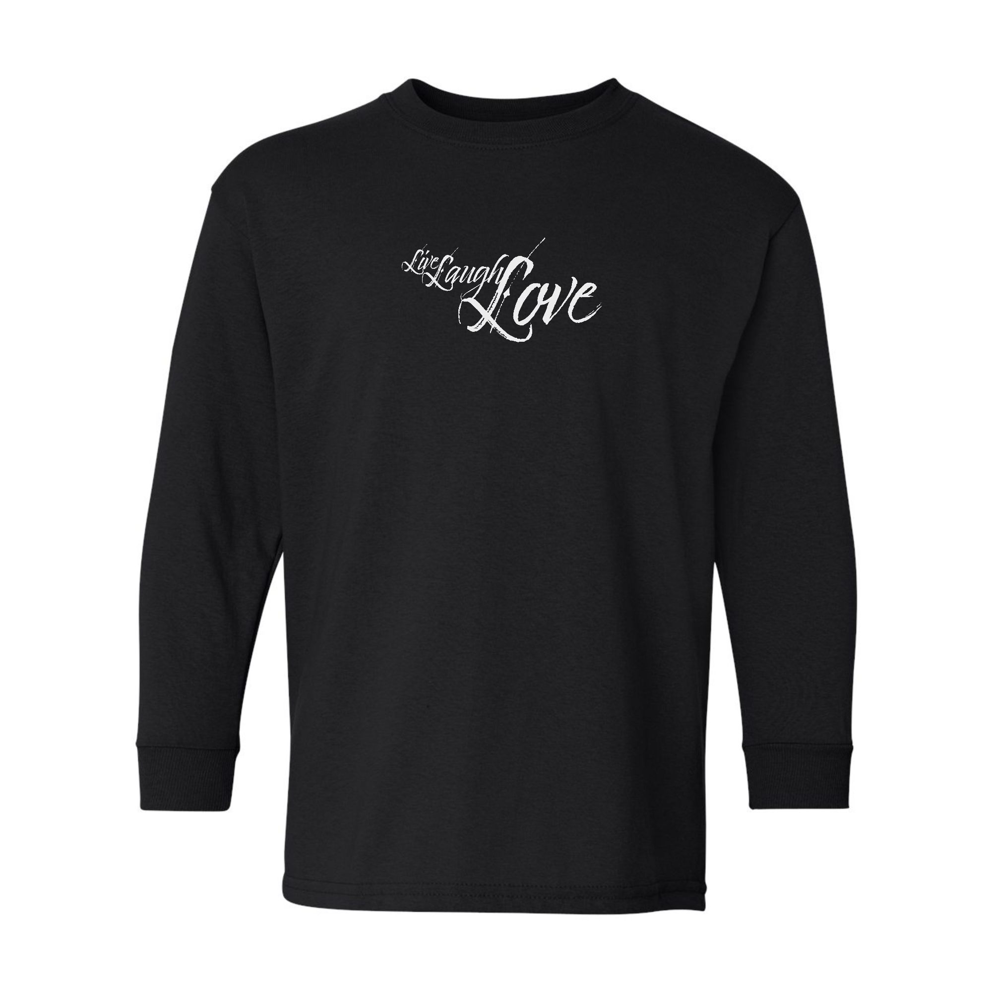 Youth long sleeve graphic t-shirt in light grey featuring 'Live Laugh Love' design, made from soft cotton fabric.