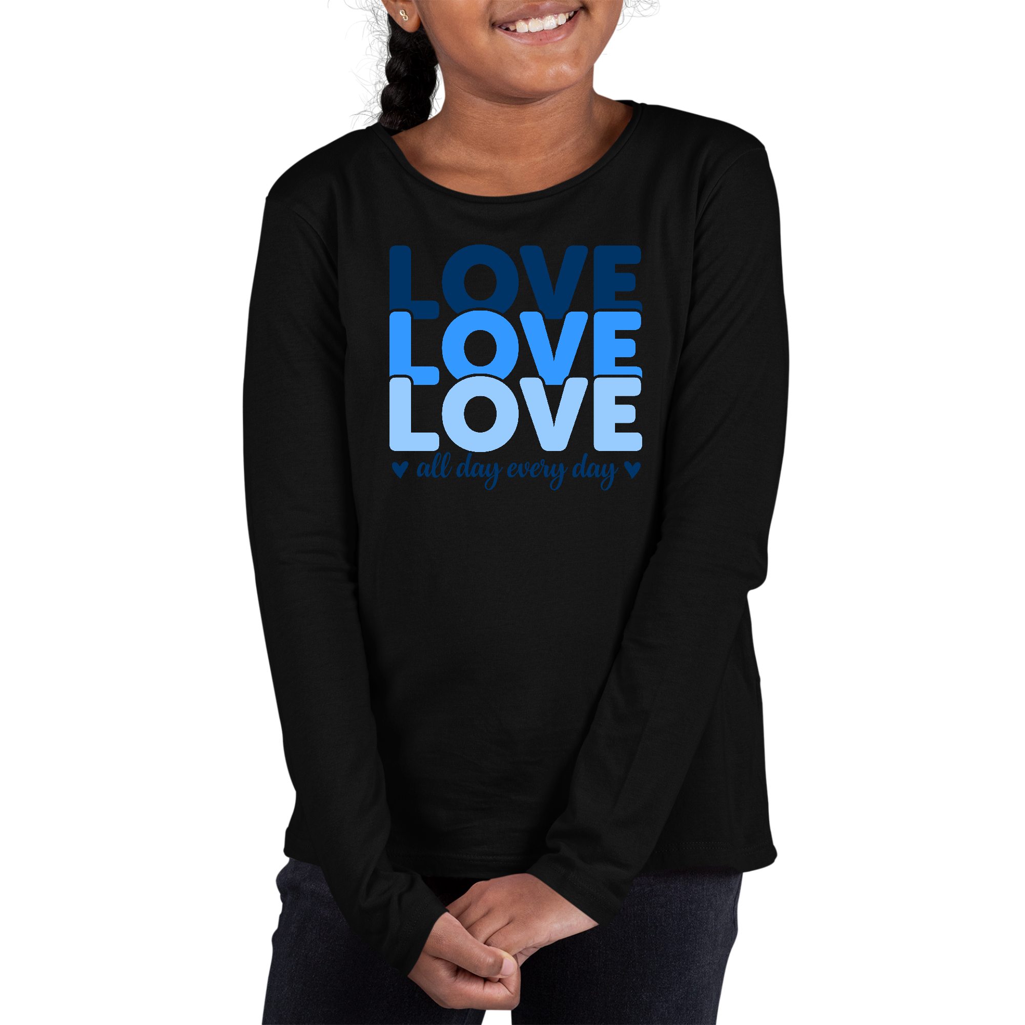 Youth Long Sleeve Graphic T-shirt in blue with Love All Day Every Day print, showcasing a stylish and comfortable design for kids.