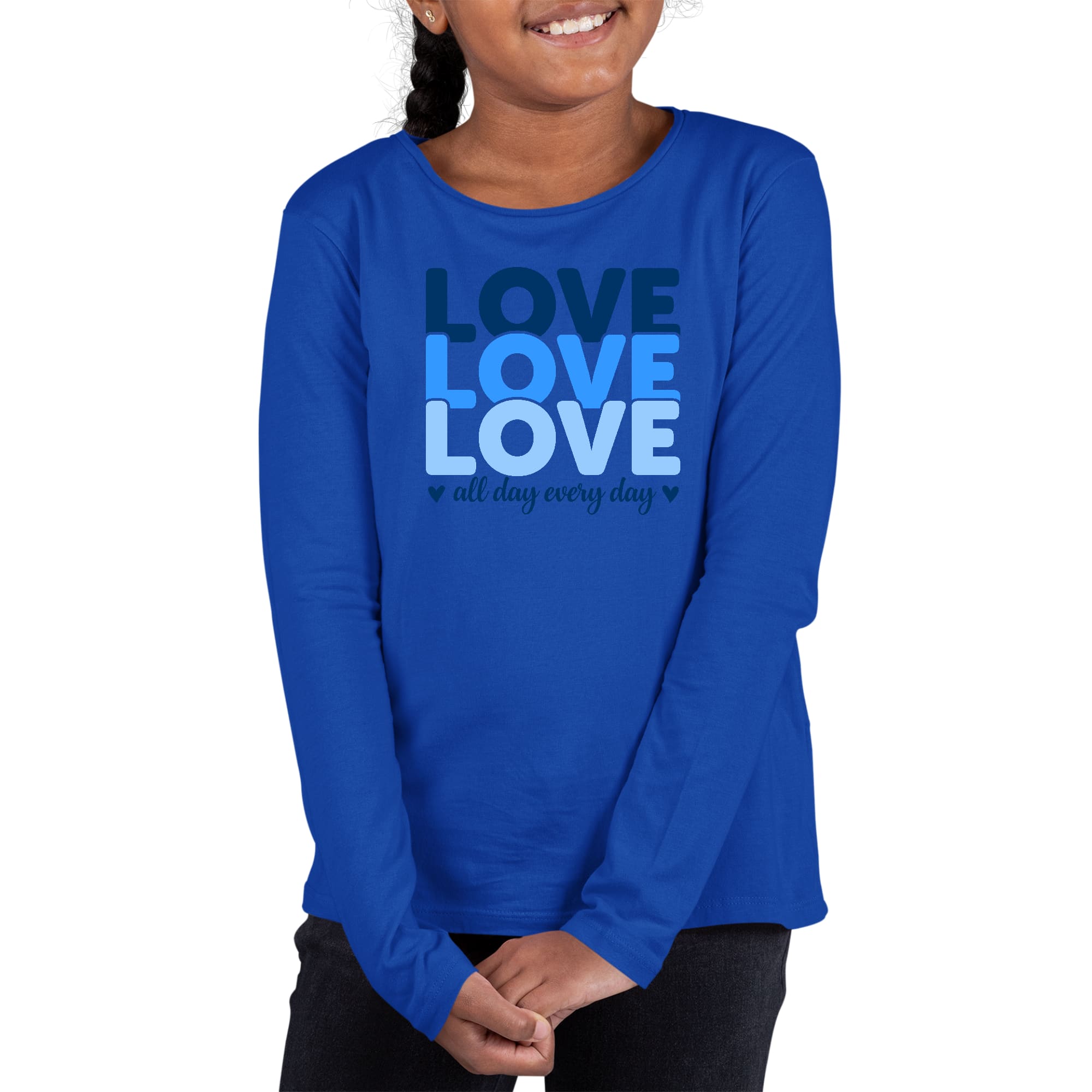 Youth Long Sleeve Graphic T-shirt in blue with Love All Day Every Day print, showcasing a stylish and comfortable design for kids.