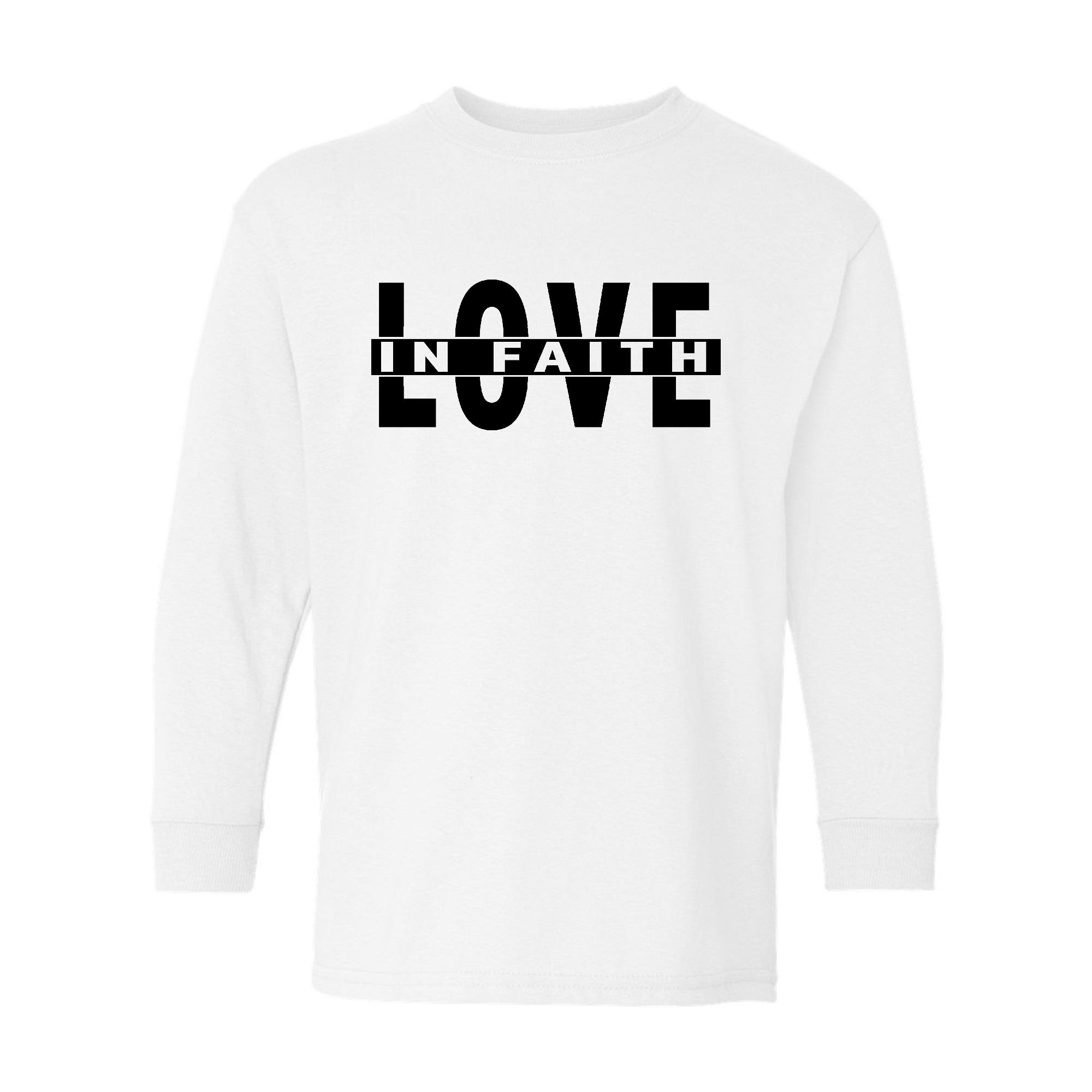 Youth Long Sleeve Graphic T-shirt in black featuring Love in Faith illustration, made from soft preshrunk cotton for comfort and durability.