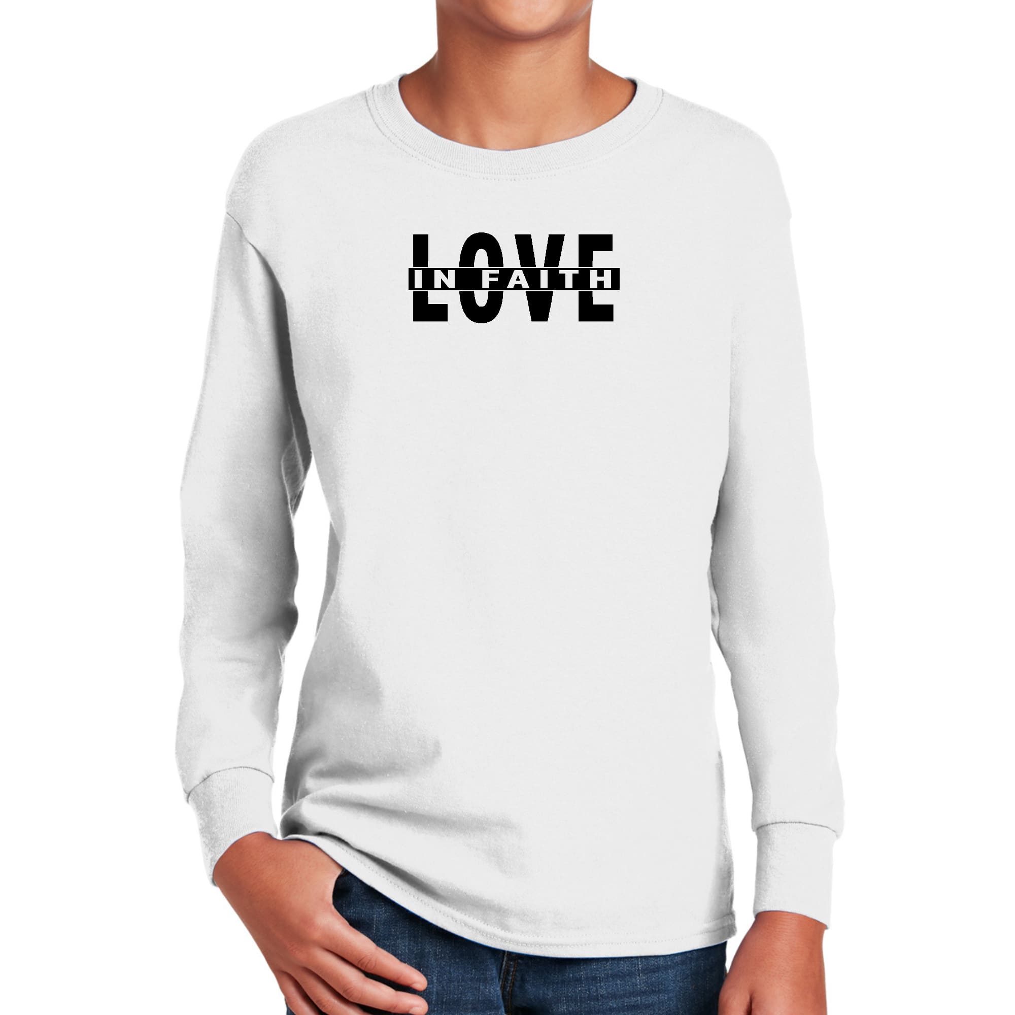 Youth Long Sleeve Graphic T-shirt in black featuring Love in Faith illustration, made from soft preshrunk cotton for comfort and durability.