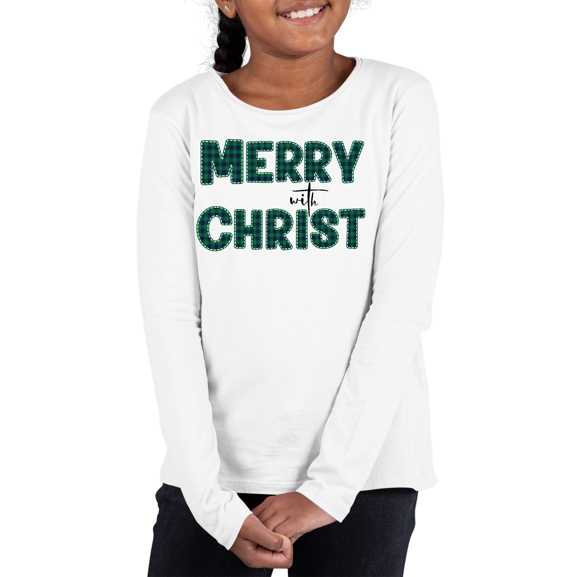 Youth long sleeve graphic t-shirt in green plaid with Merry with Christ design, perfect for festive occasions.