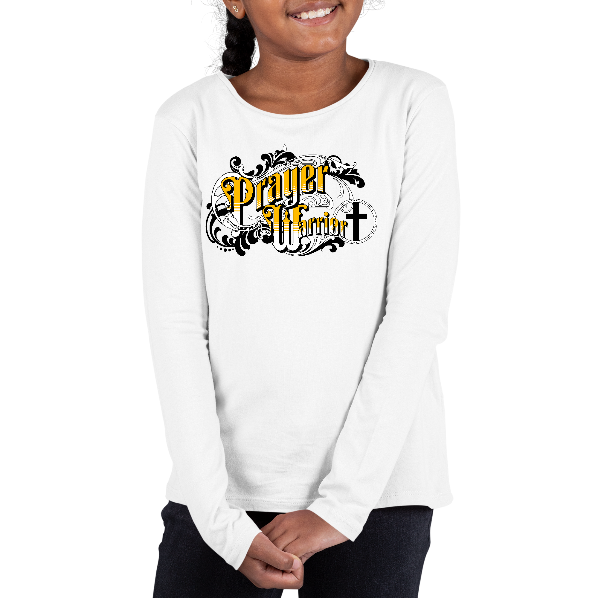 Youth Long Sleeve Graphic T-shirt featuring a Prayer Warrior design in Victorian style, made from soft cotton material.