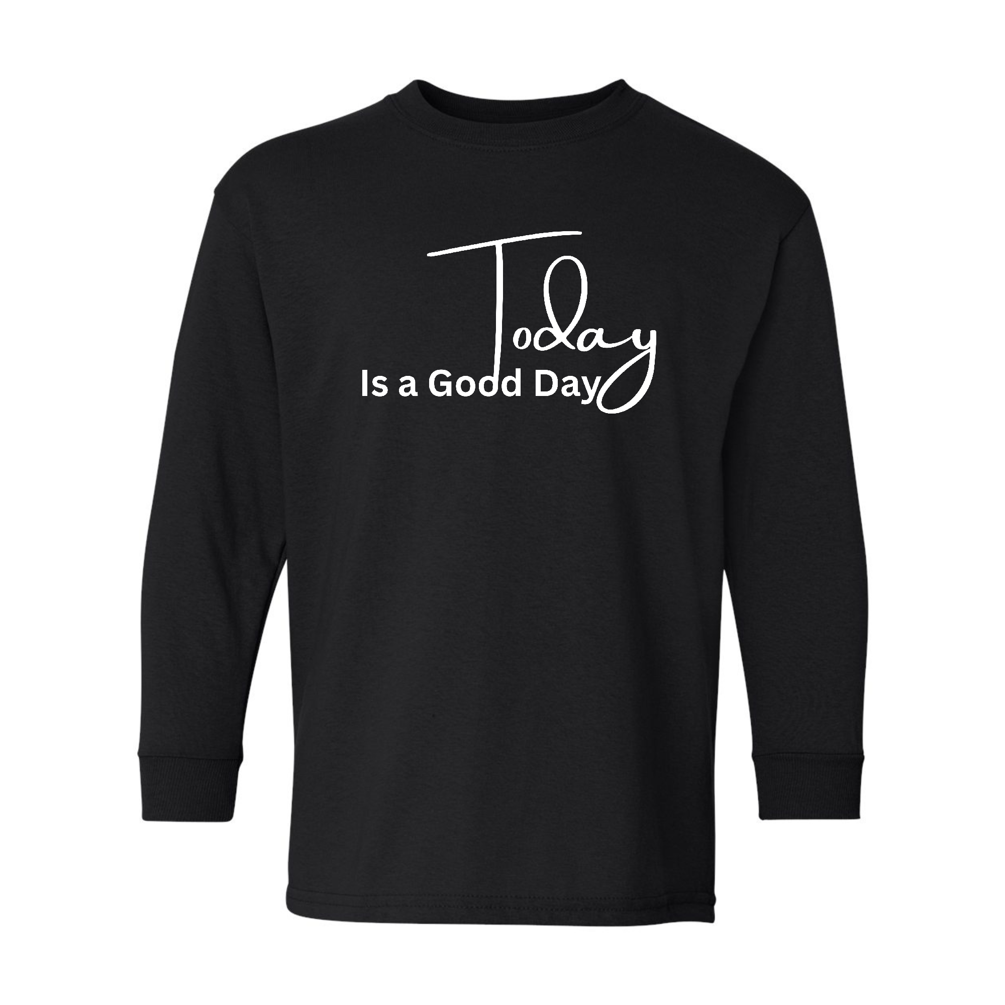 Youth Long Sleeve Graphic T-shirt featuring 'Today is a Good Day' print, made from soft preshrunk cotton with a classic fit.