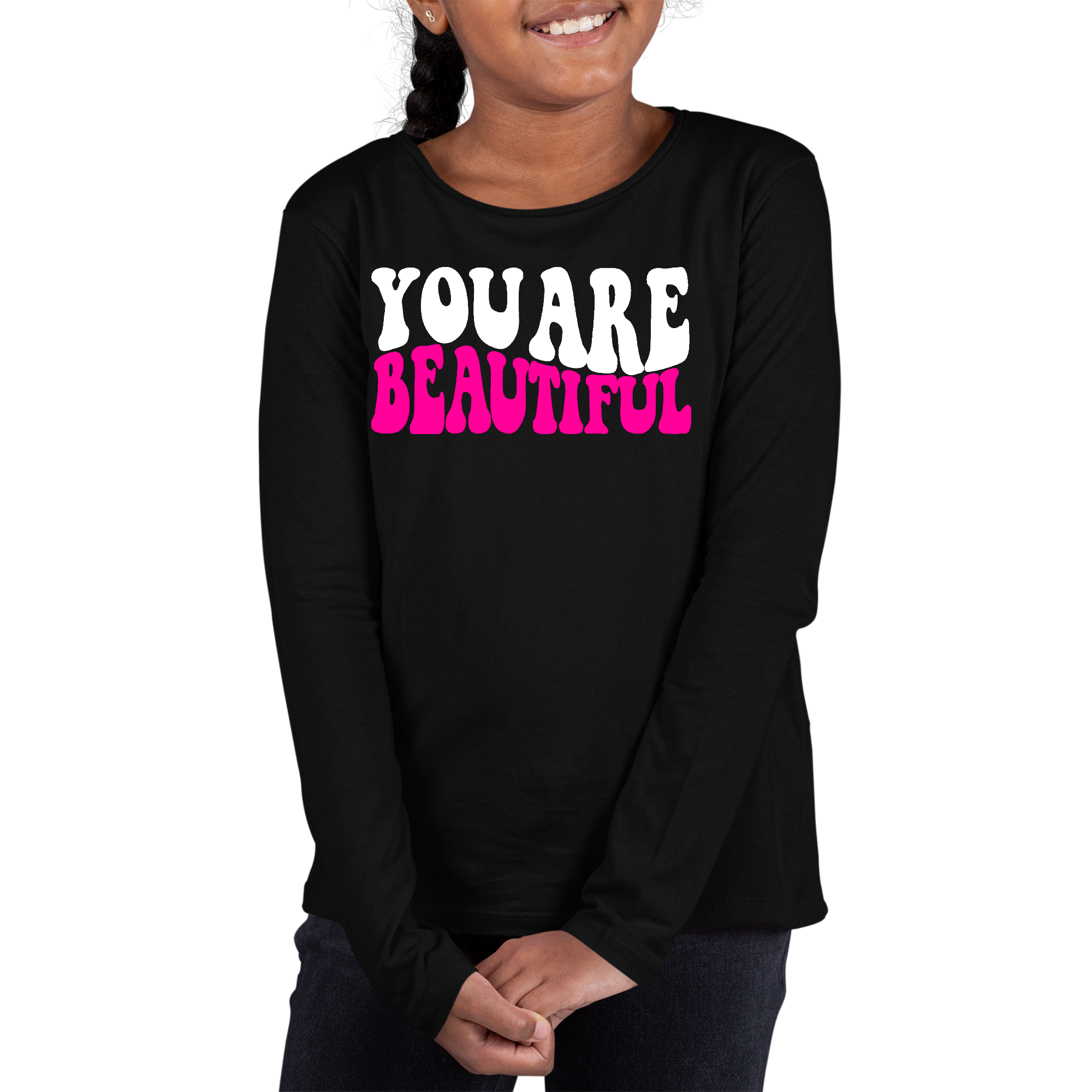 Youth Long Sleeve Graphic T-shirt in pink and white with 'You Are Beautiful' inspirational design, made from soft preshrunk cotton.