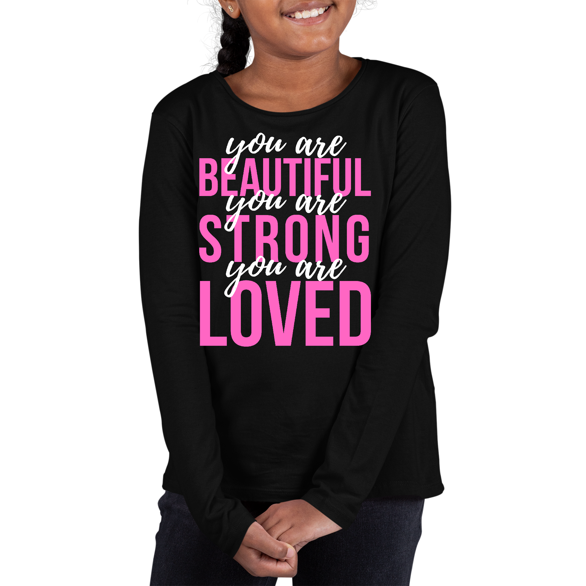 Youth Long Sleeve Graphic T-shirt in pink and white featuring the inspirational message 'You Are Beautiful Strong Loved' with a classic fit.