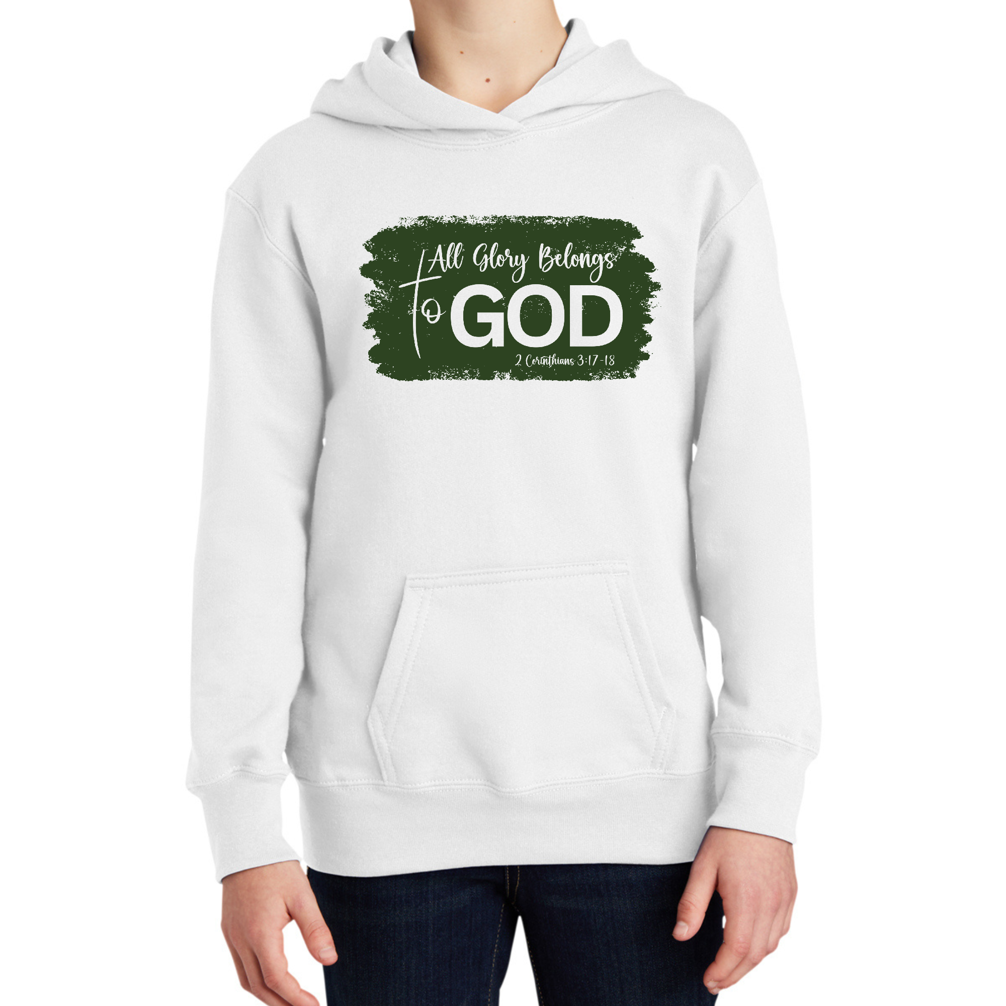 Youth long sleeve hoodie in dark green with 'All Glory Belongs to God' graphic illustration, perfect for comfortable and stylish wear.