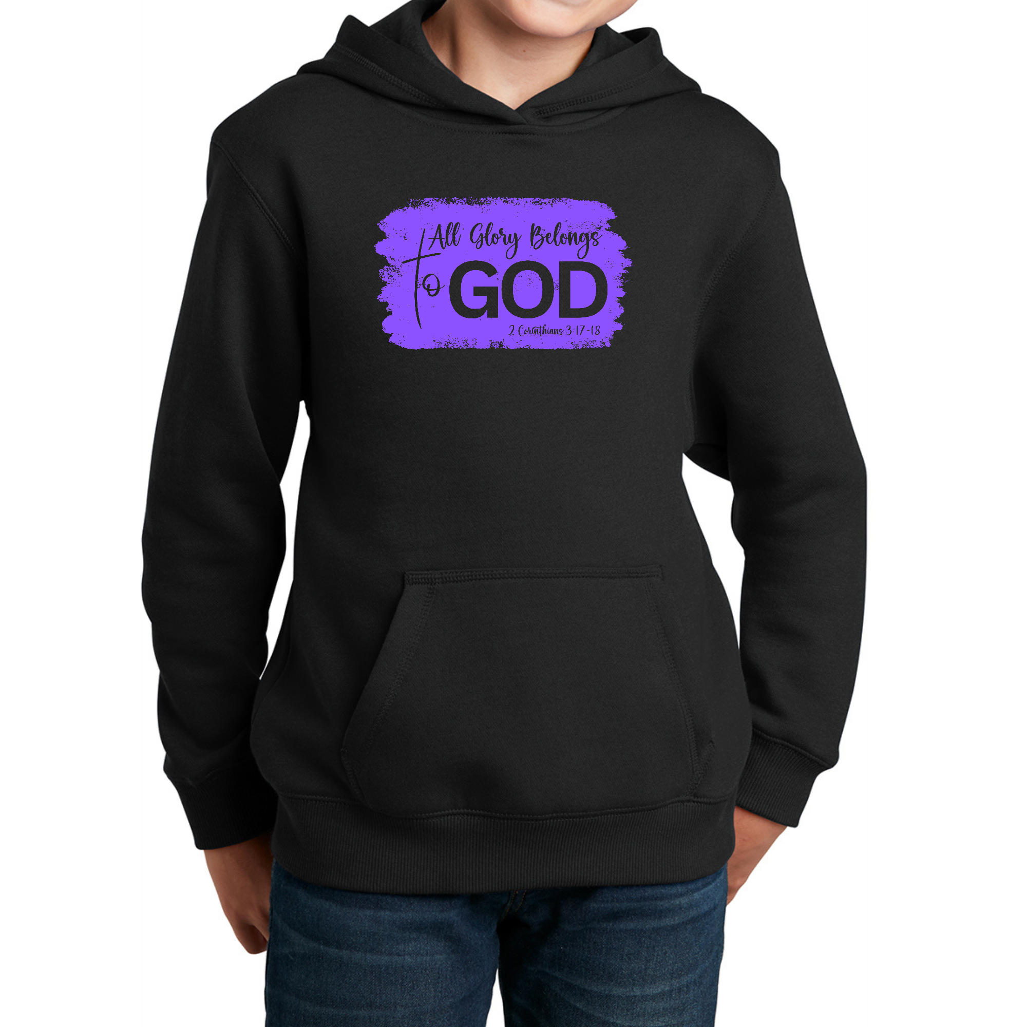 Lavender youth long sleeve hoodie with 'All Glory Belongs to God' graphic, featuring a drawstring neckline and long sleeves.