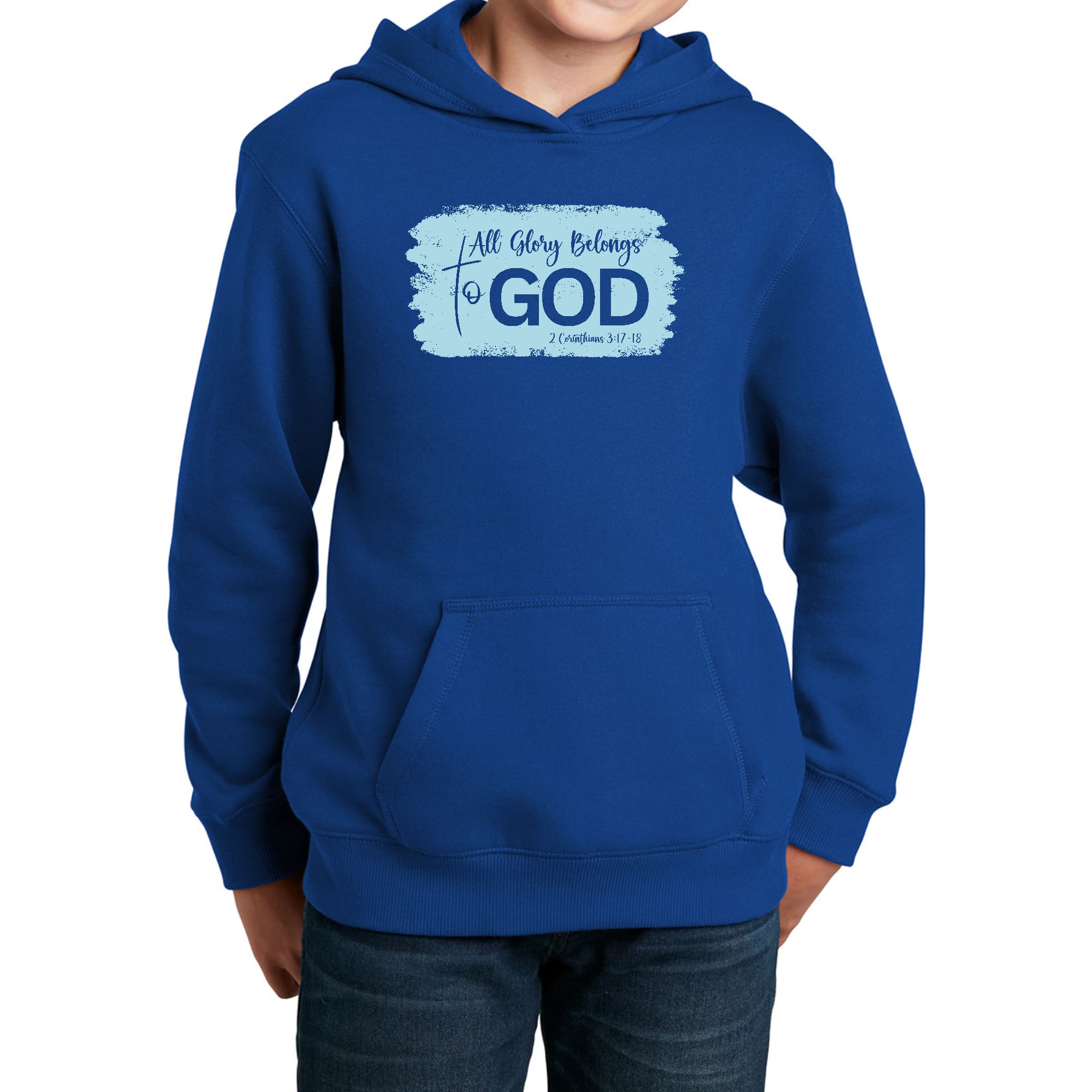 Light blue youth long sleeve hoodie with 'All Glory Belongs to God' graphic print, featuring a drawstring neckline and long sleeves.