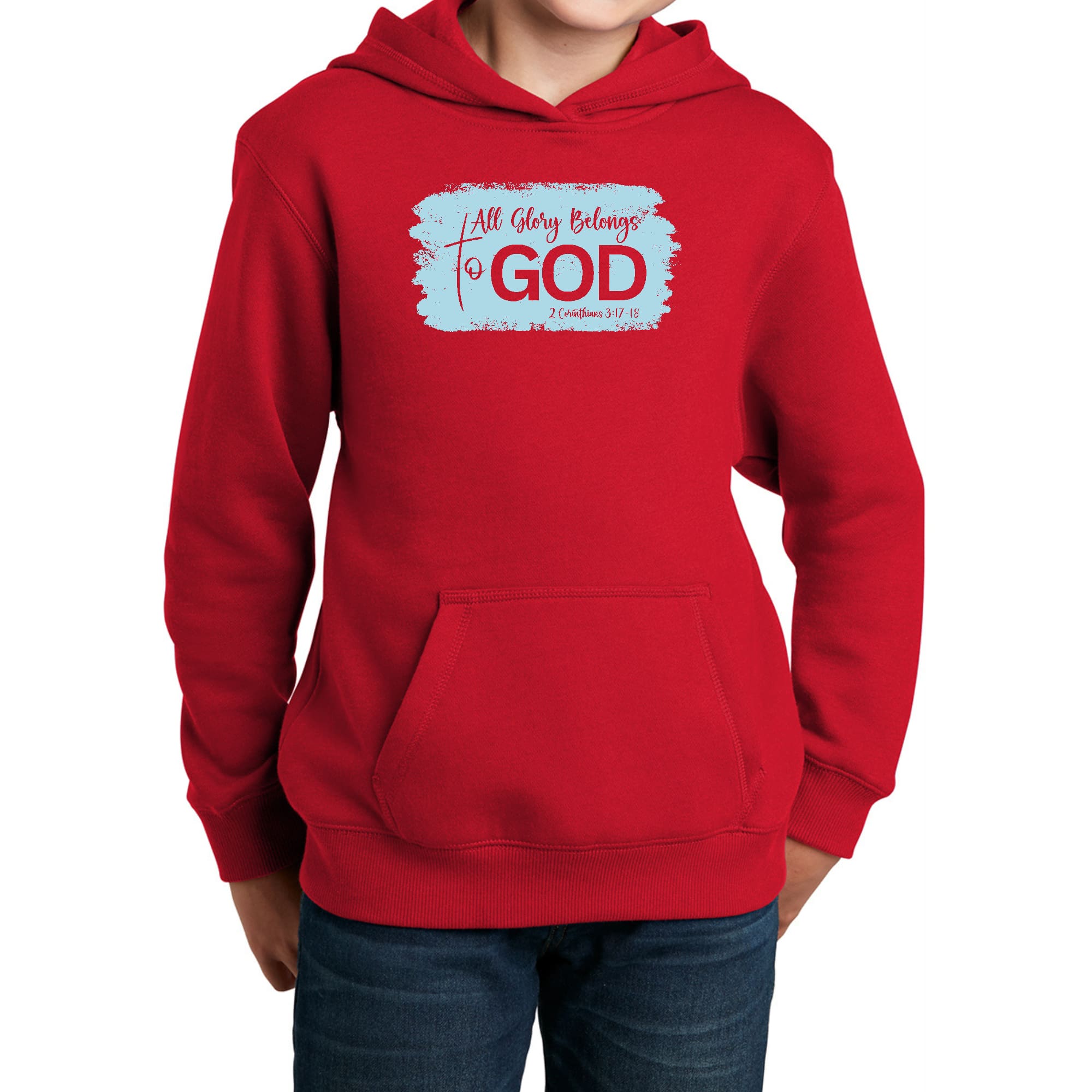 Light blue youth long sleeve hoodie with 'All Glory Belongs to God' graphic print, featuring a drawstring neckline and long sleeves.