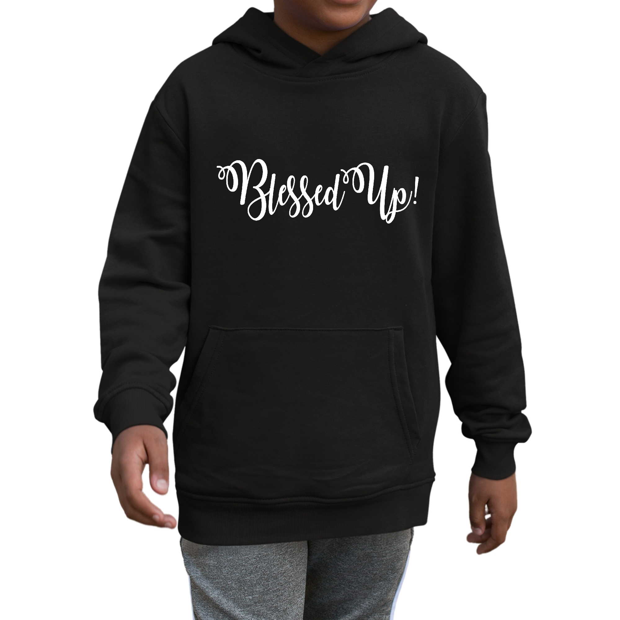 Youth Long Sleeve Hoodie Blessed Up featuring a motivational quote, soft fabric, and drawstring neckline, perfect for boys.