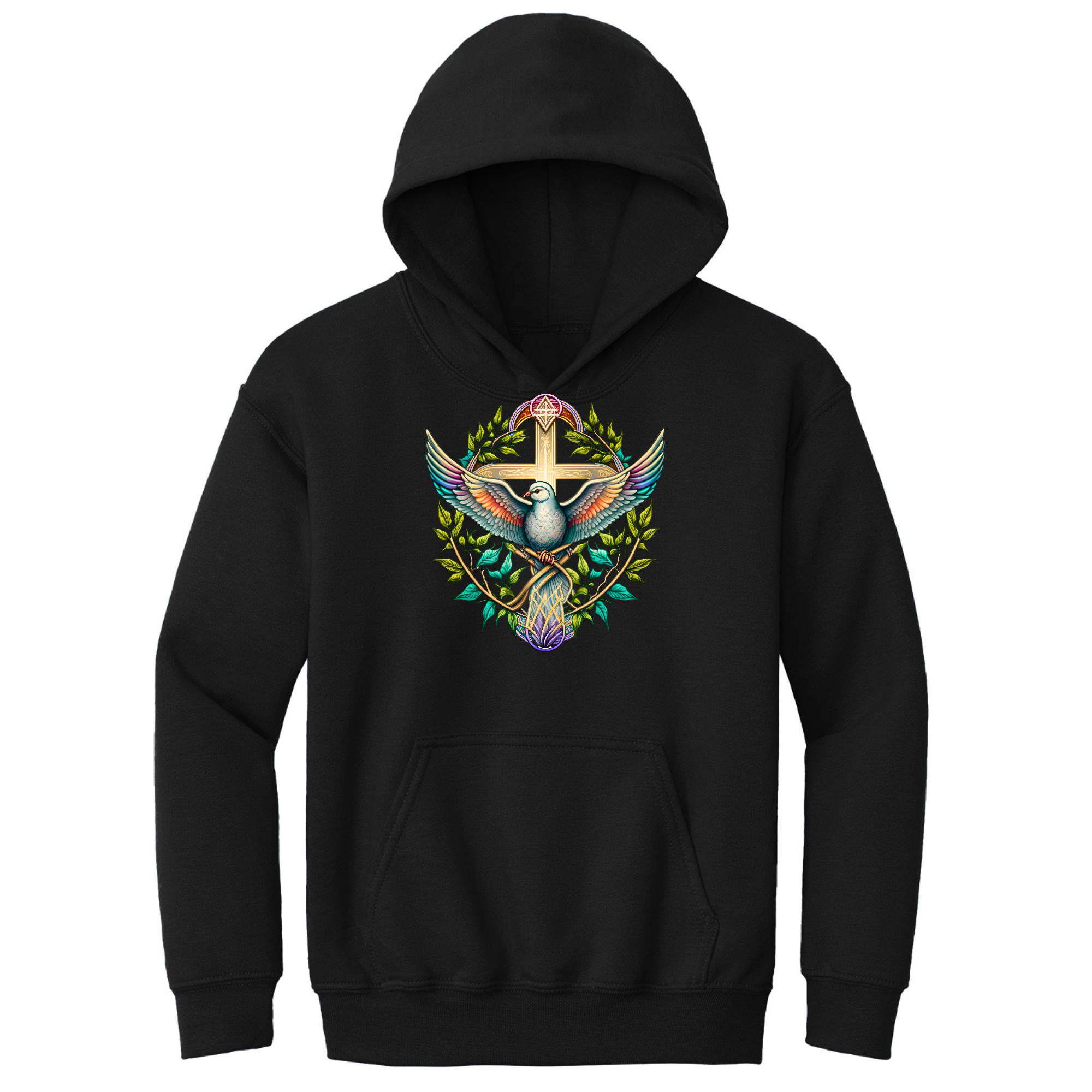 Youth long sleeve hoodie featuring a blue green multicolor dove floral design, perfect for casual wear.