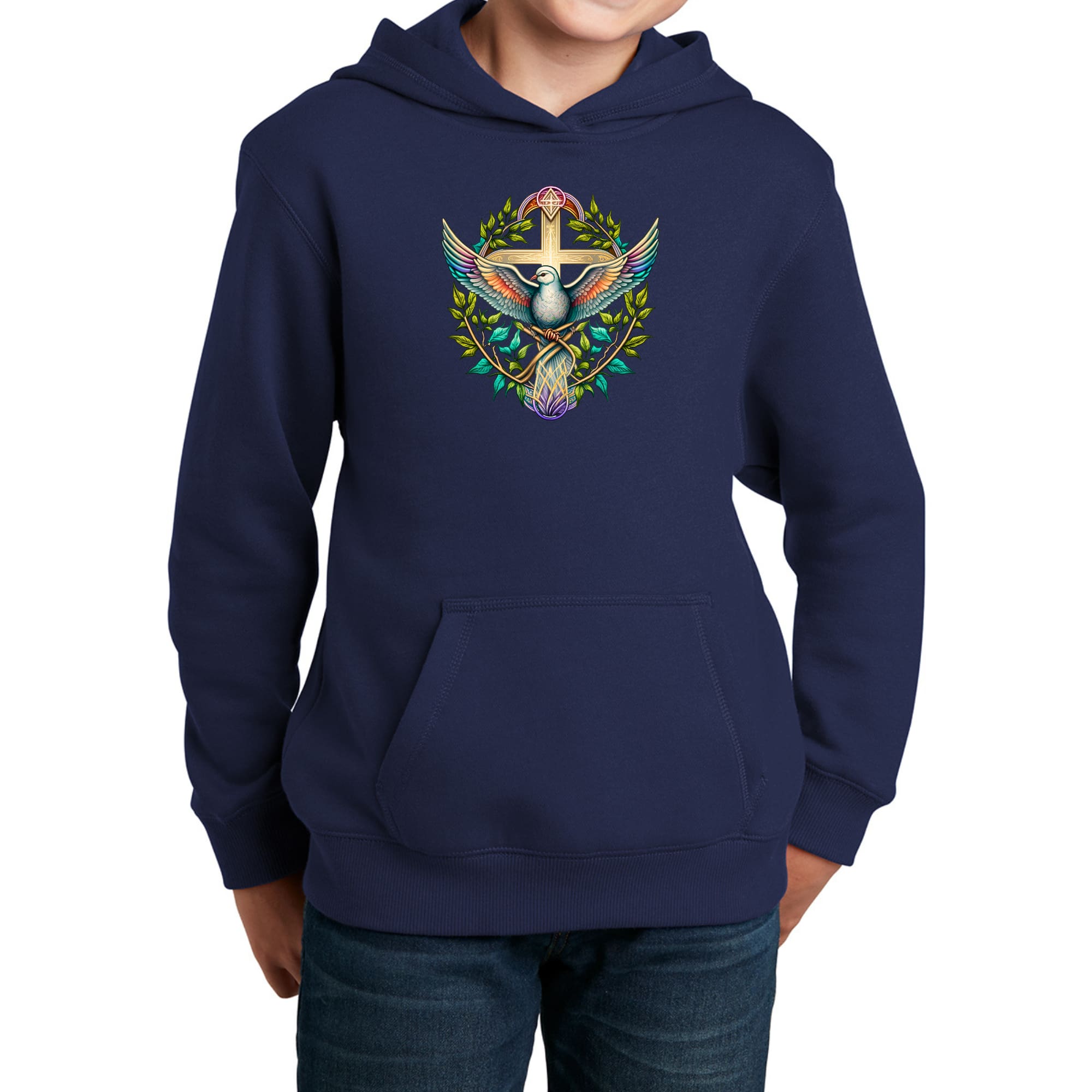 Youth long sleeve hoodie featuring a blue green multicolor dove floral design, perfect for casual wear.