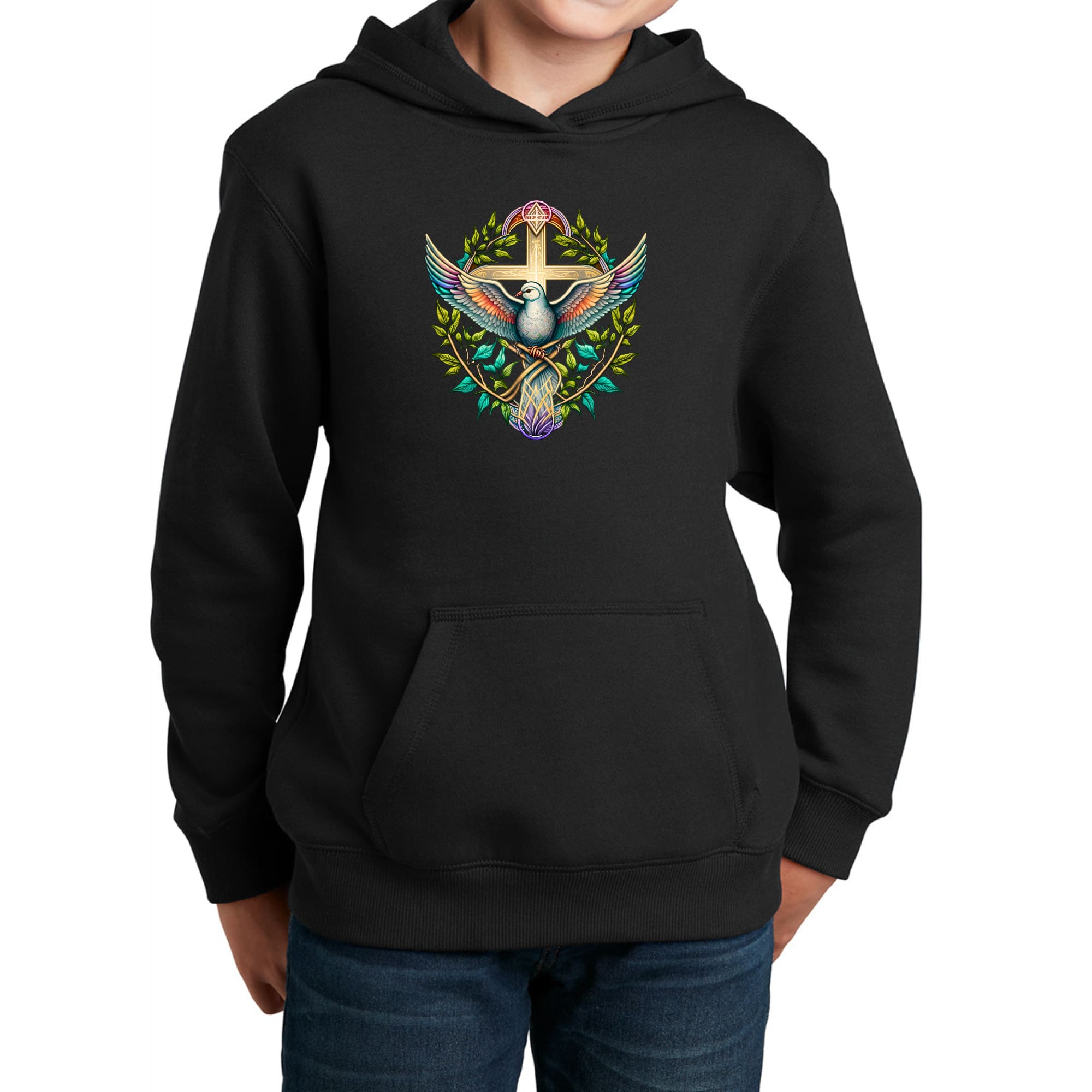 Youth long sleeve hoodie featuring a blue green multicolor dove floral design, perfect for casual wear.