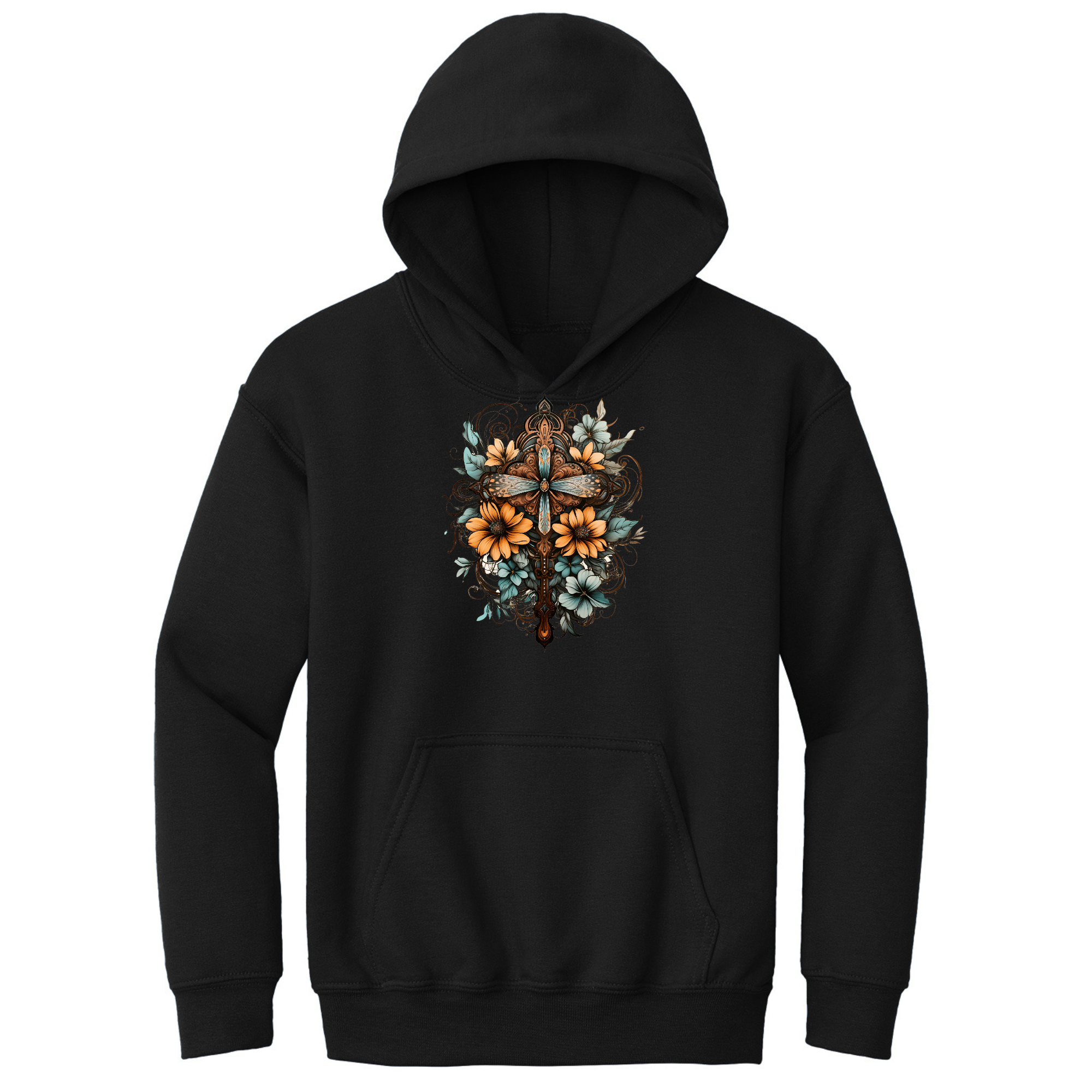 Youth long sleeve hoodie featuring a Christian cross floral bouquet design in brown and blue, showcasing vibrant colors and a comfortable fit.