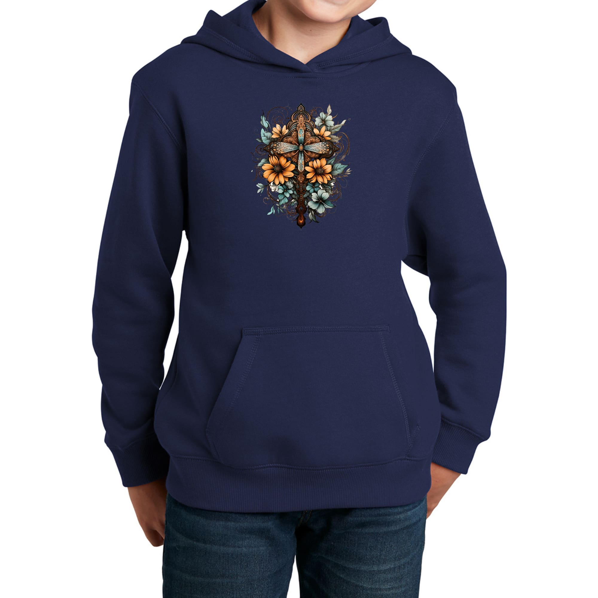 Youth long sleeve hoodie featuring a Christian cross floral bouquet design in brown and blue, showcasing vibrant colors and a comfortable fit.