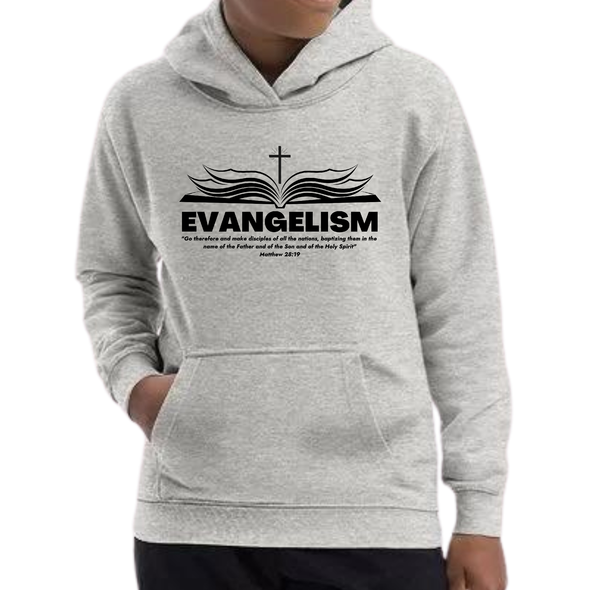 Youth long sleeve hoodie featuring an inspirational graphic that says 'Go Therefore and Make Disciples', designed for boys with a comfortable fit.