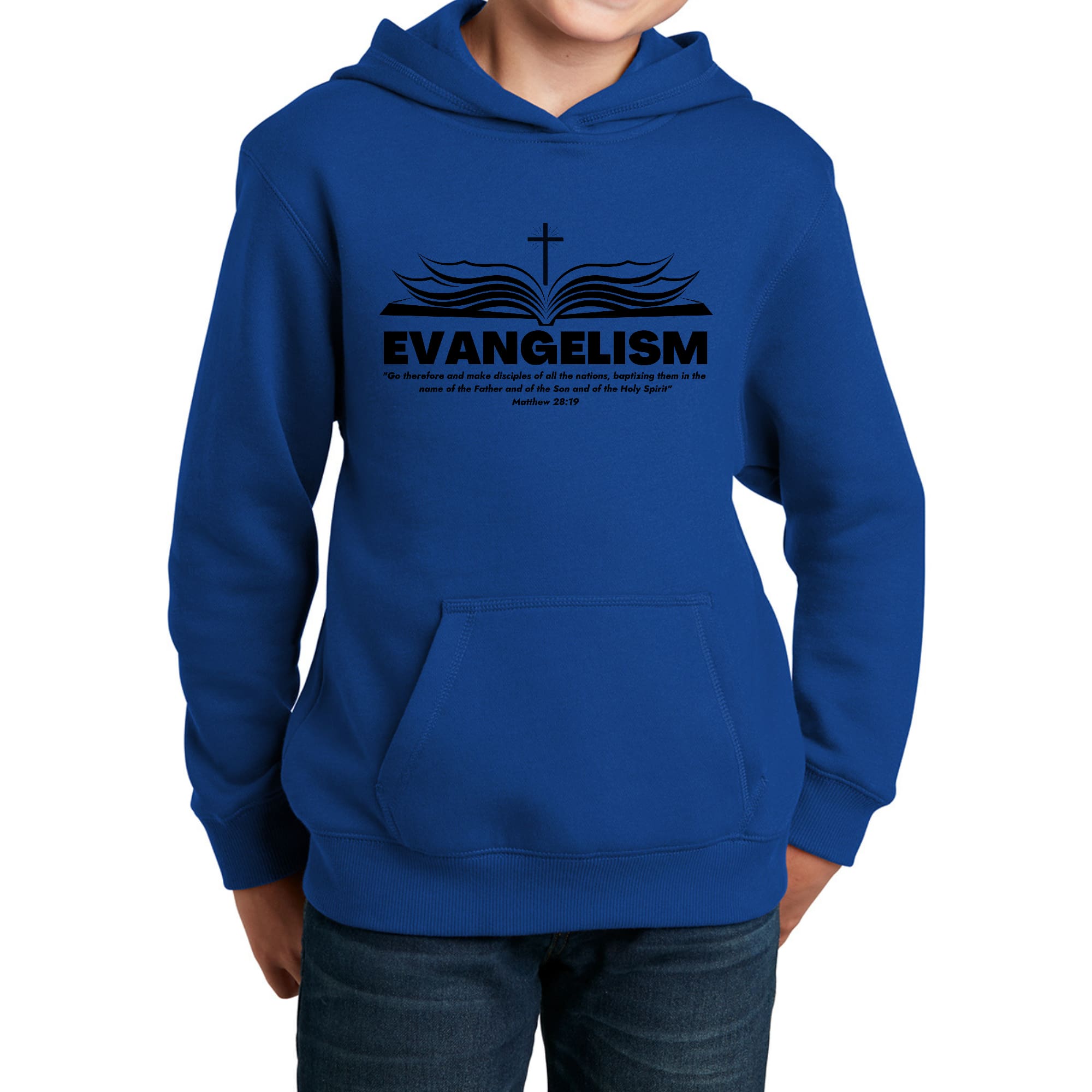 Youth long sleeve hoodie featuring an inspirational graphic that says 'Go Therefore and Make Disciples', designed for boys with a comfortable fit.