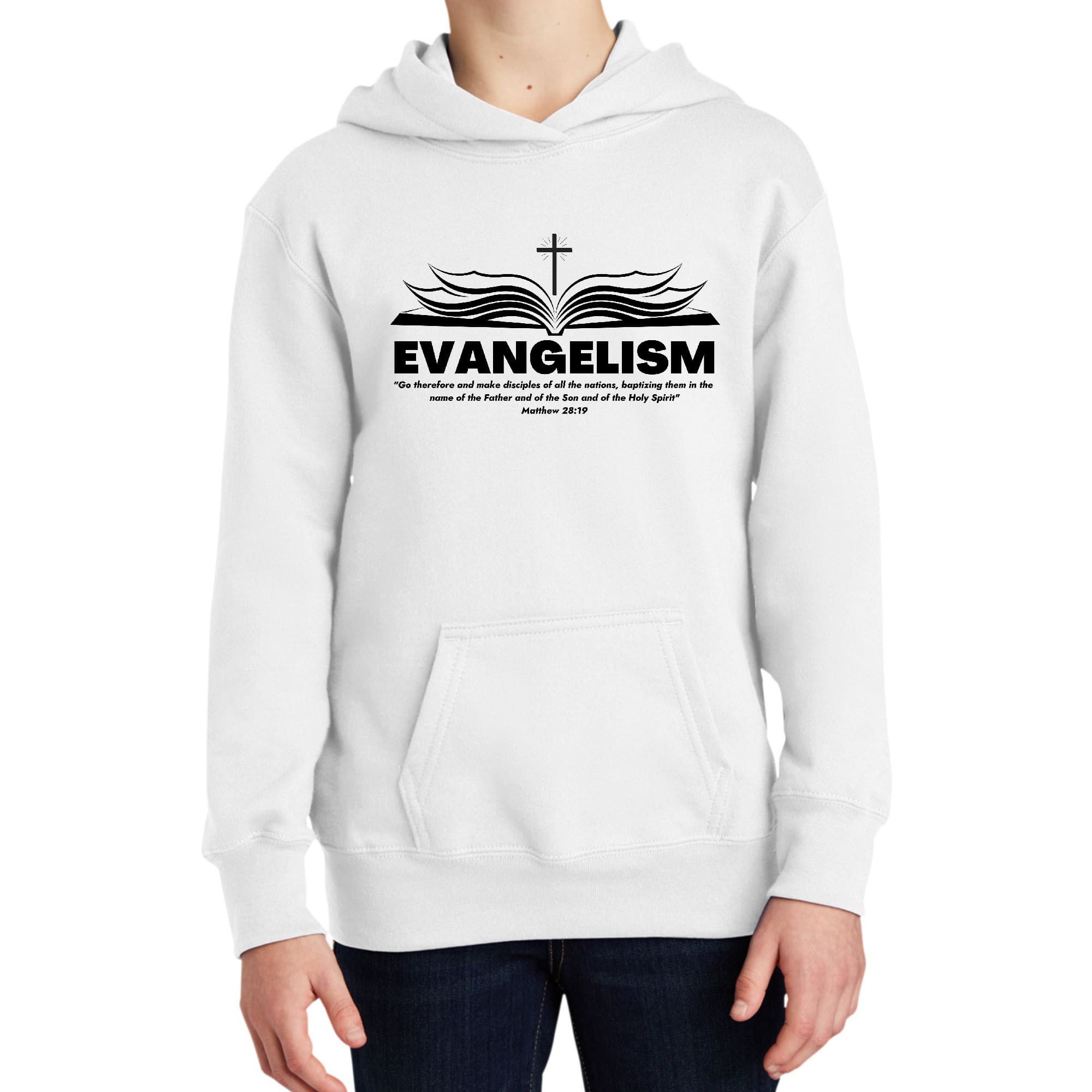 Youth long sleeve hoodie featuring an inspirational graphic that says 'Go Therefore and Make Disciples', designed for boys with a comfortable fit.