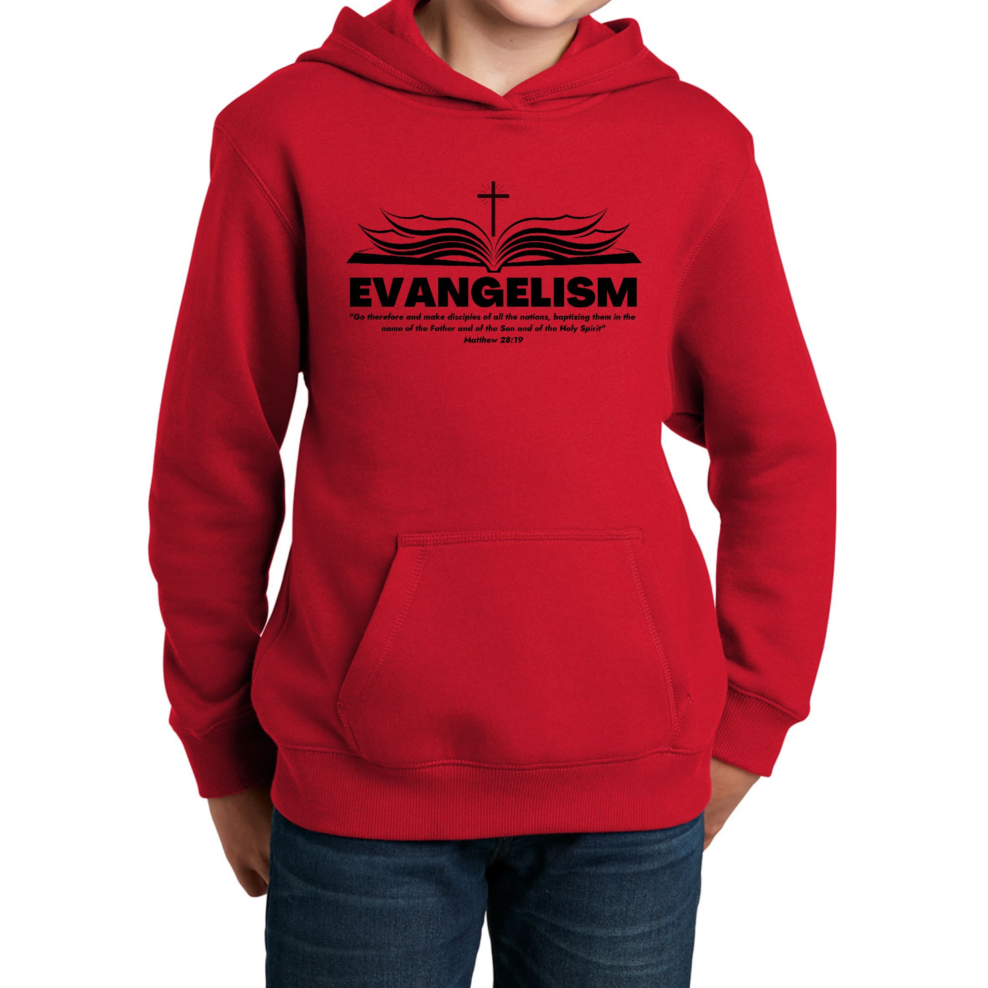 Youth long sleeve hoodie featuring an inspirational graphic that says 'Go Therefore and Make Disciples', designed for boys with a comfortable fit.