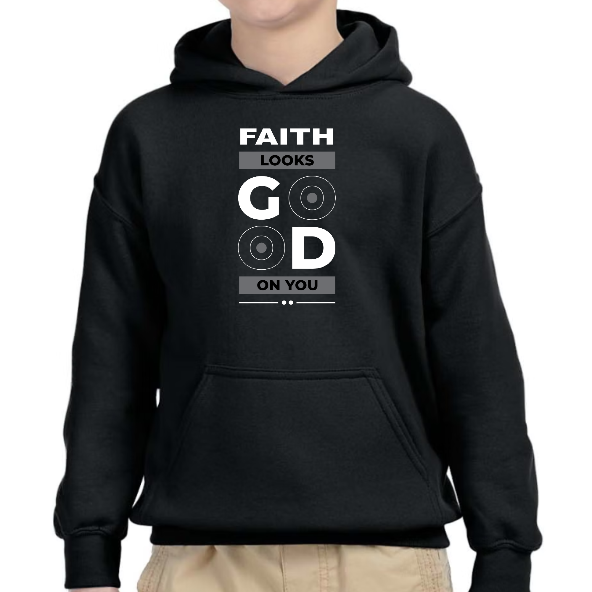 Youth Long Sleeve Hoodie in soft fabric featuring a stylish faith-inspired design, perfect for casual wear.