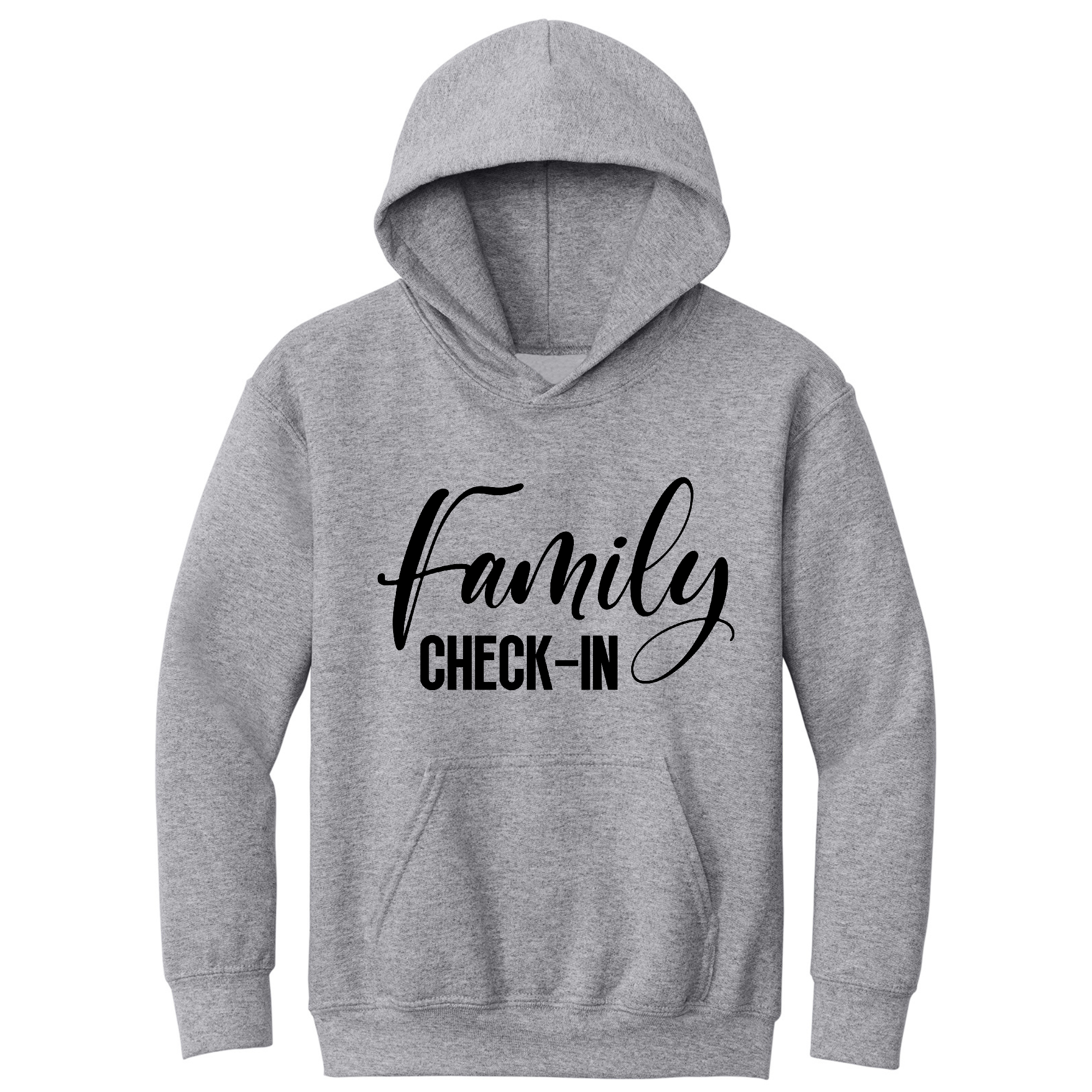 Youth Long Sleeve Hoodie with Family Check-in illustration in black print, showcasing a comfortable and stylish design for family gatherings.