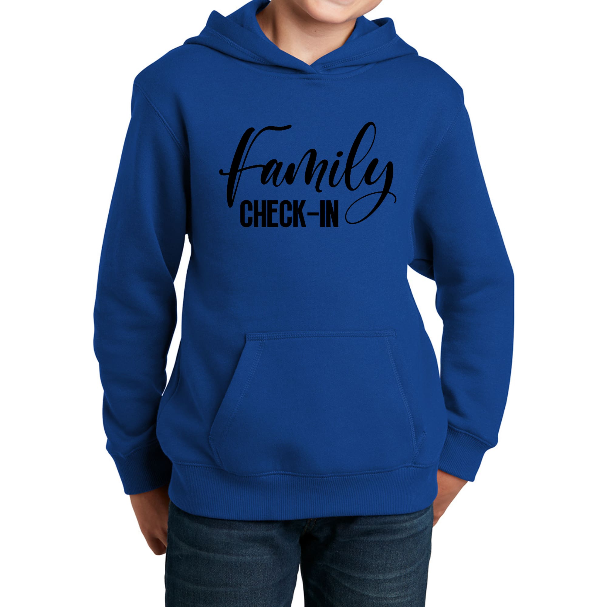 Youth Long Sleeve Hoodie with Family Check-in illustration in black print, showcasing a comfortable and stylish design for family gatherings.