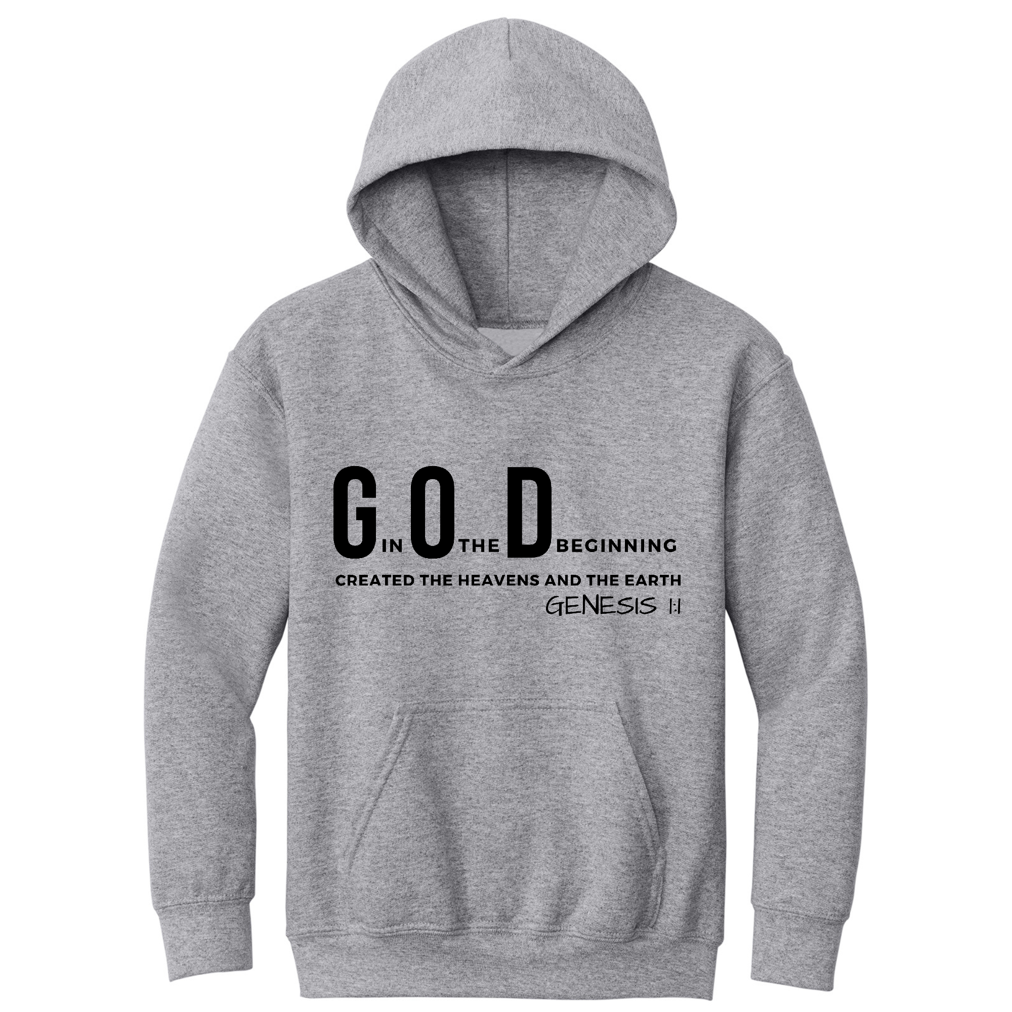 Black youth long sleeve hoodie featuring 'God in the Beginning' graphic print, showcasing a comfortable and stylish design.