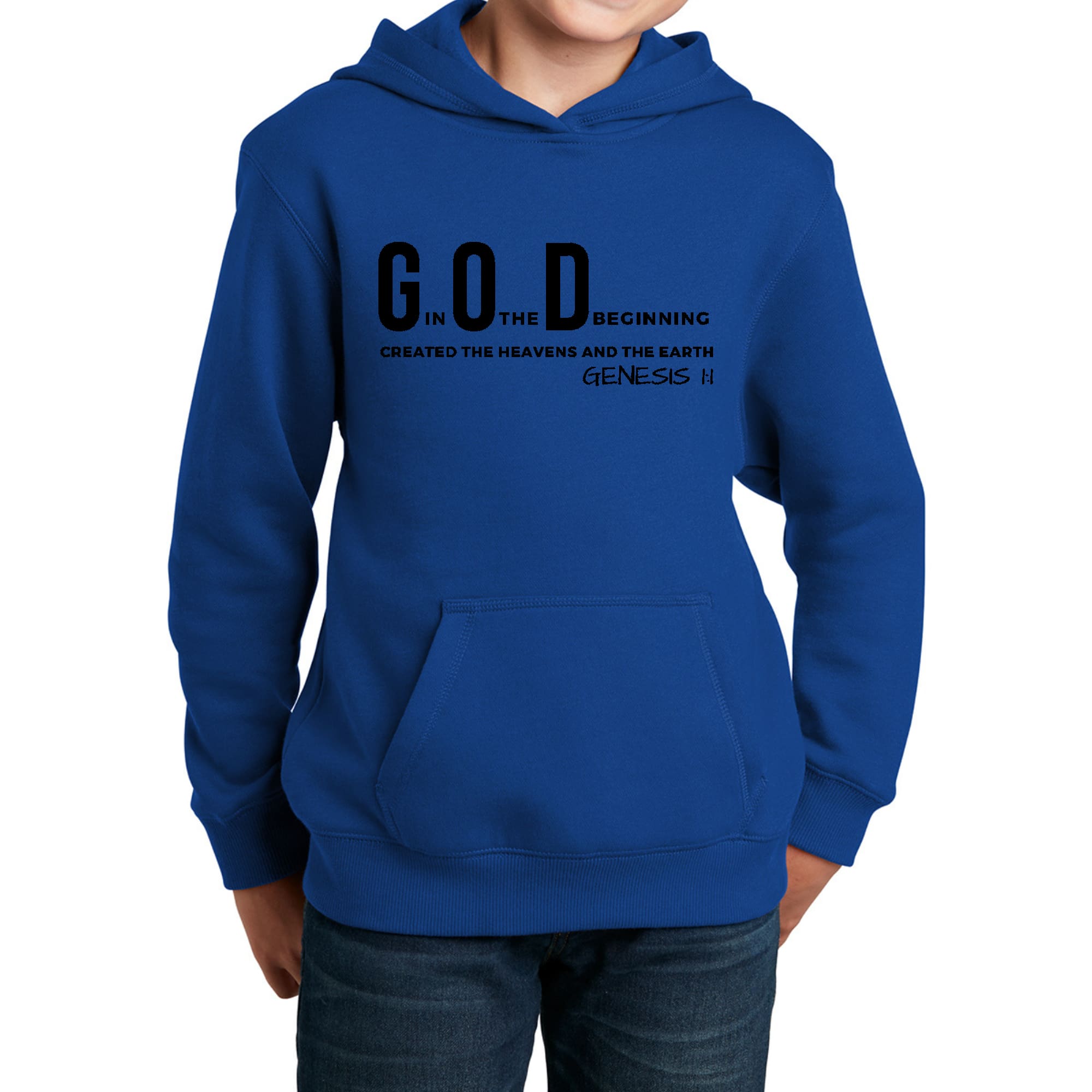 Black youth long sleeve hoodie featuring 'God in the Beginning' graphic print, showcasing a comfortable and stylish design.