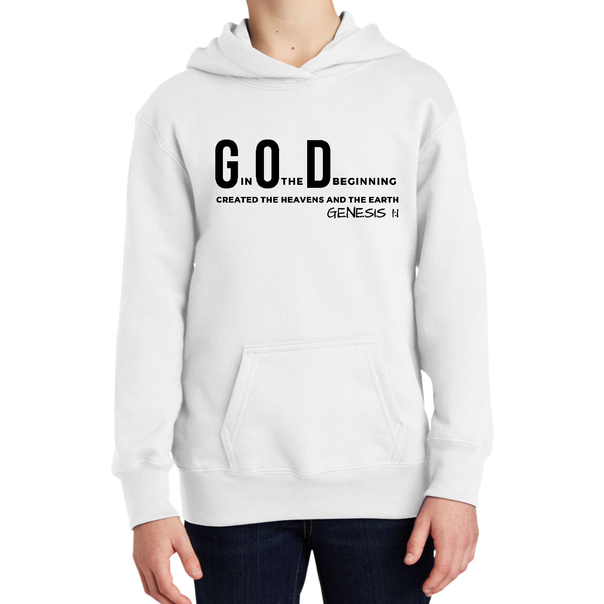 Black youth long sleeve hoodie featuring 'God in the Beginning' graphic print, showcasing a comfortable and stylish design.