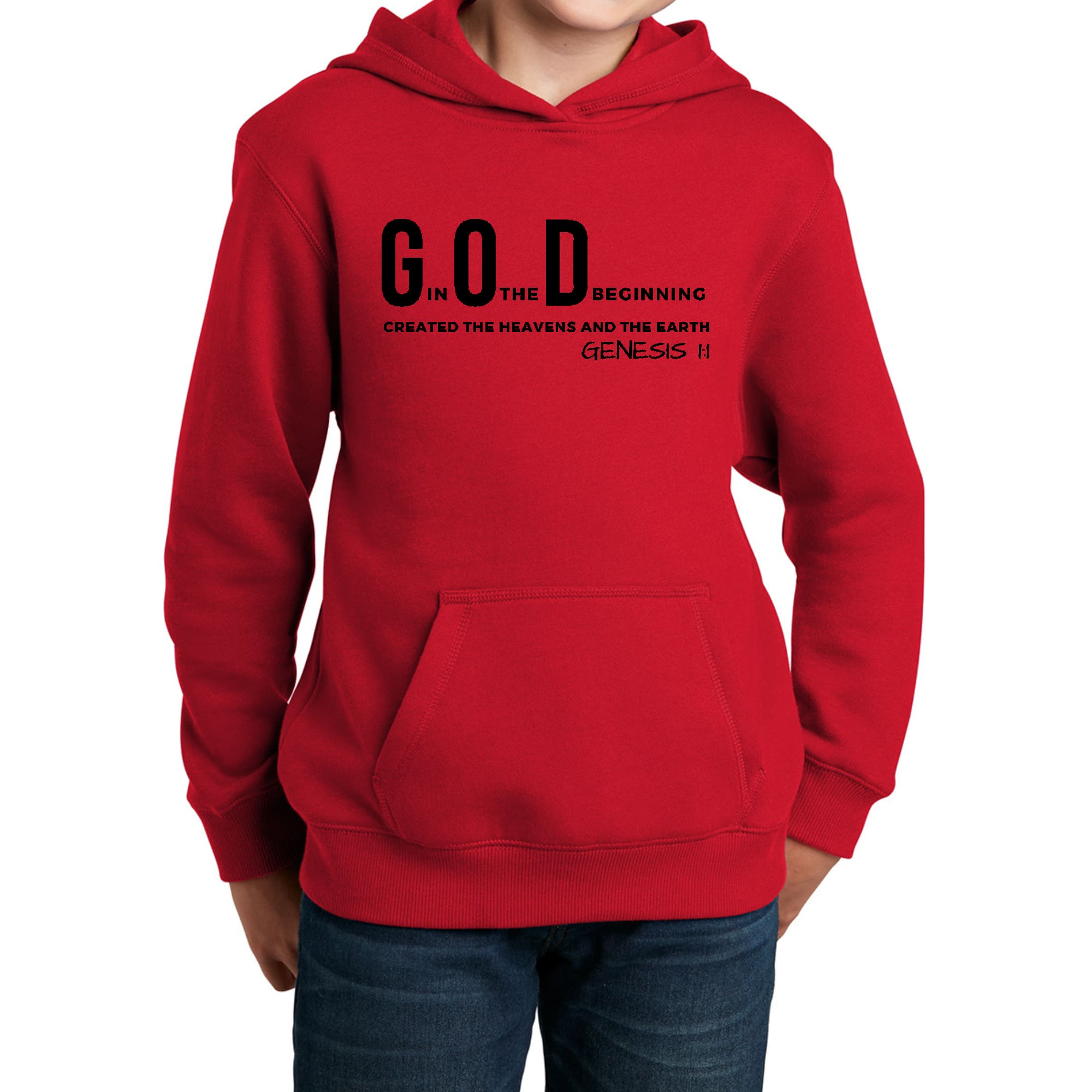 Black youth long sleeve hoodie featuring 'God in the Beginning' graphic print, showcasing a comfortable and stylish design.