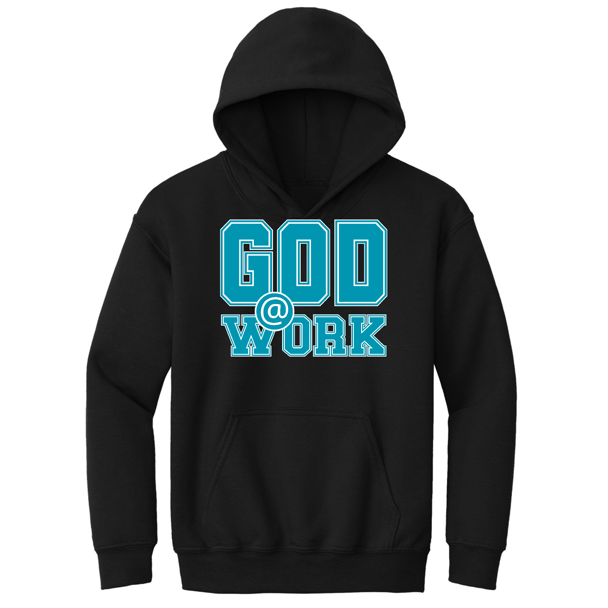 Youth Long Sleeve Hoodie in blue, green, and white with God @ Work graphic print, showcasing a comfortable and stylish design.