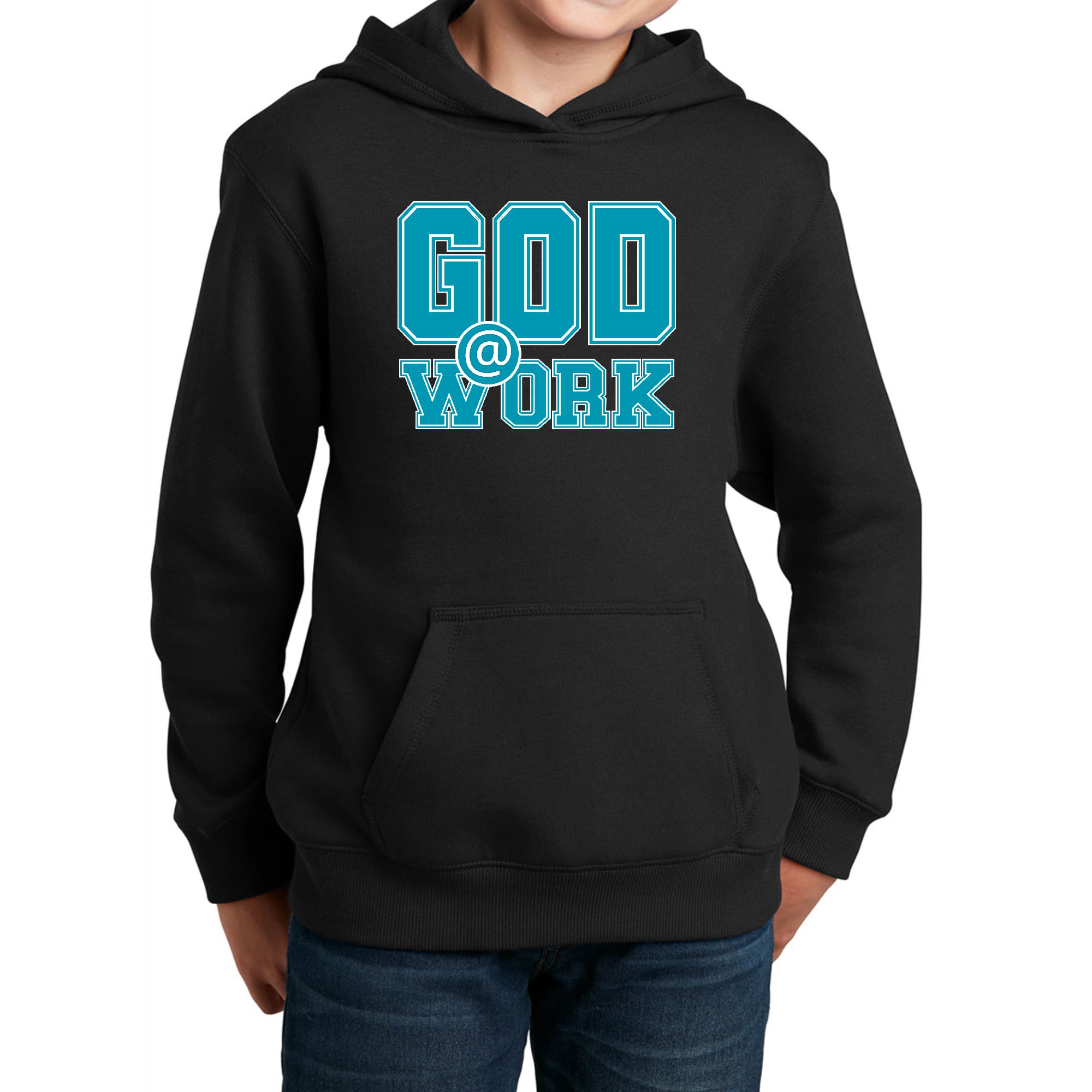 Youth Long Sleeve Hoodie in blue, green, and white with God @ Work graphic print, showcasing a comfortable and stylish design.