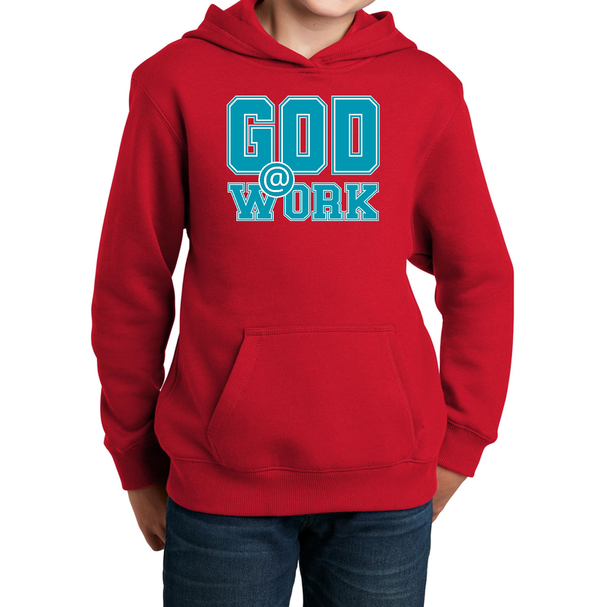 Youth Long Sleeve Hoodie in blue, green, and white with God @ Work graphic print, showcasing a comfortable and stylish design.