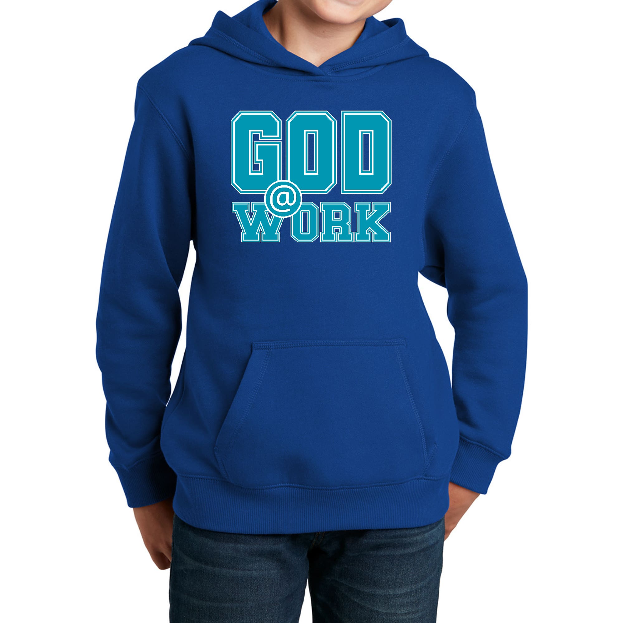 Youth Long Sleeve Hoodie in blue, green, and white with God @ Work graphic print, showcasing a comfortable and stylish design.