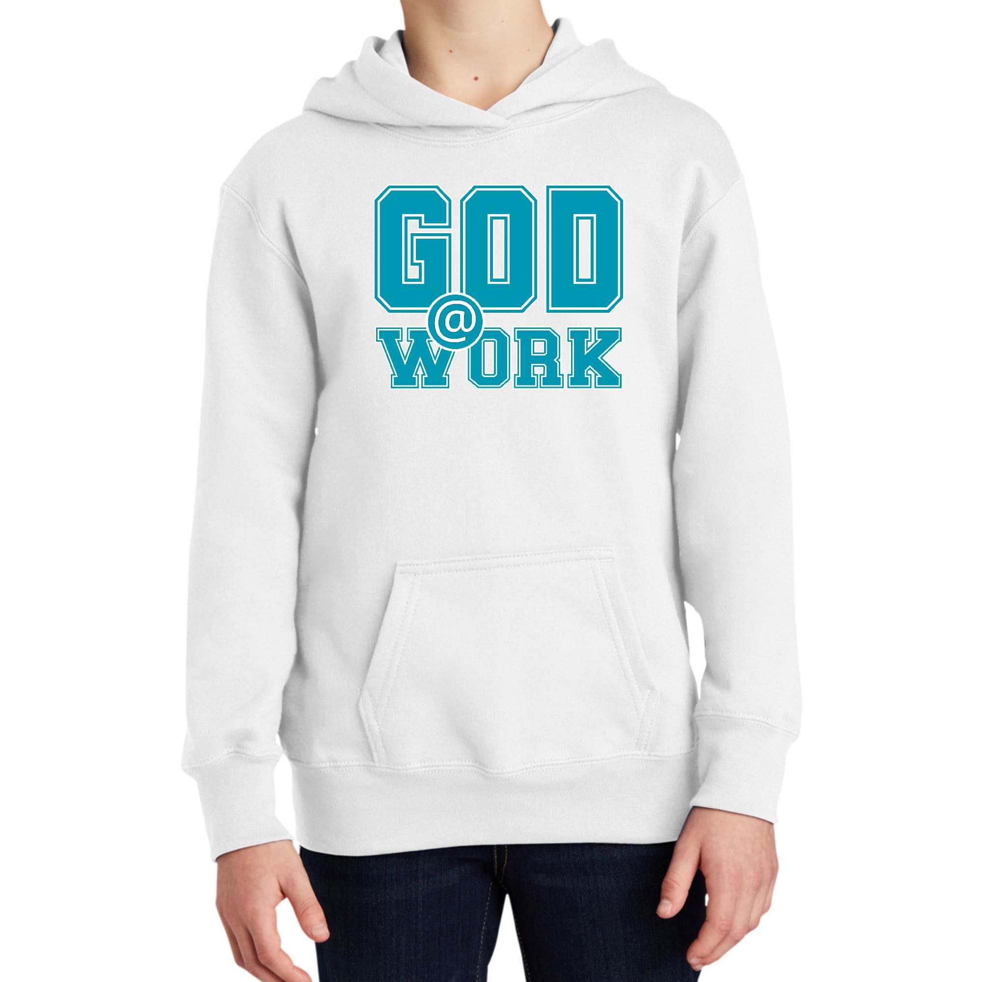 Youth Long Sleeve Hoodie in blue, green, and white with God @ Work graphic print, showcasing a comfortable and stylish design.