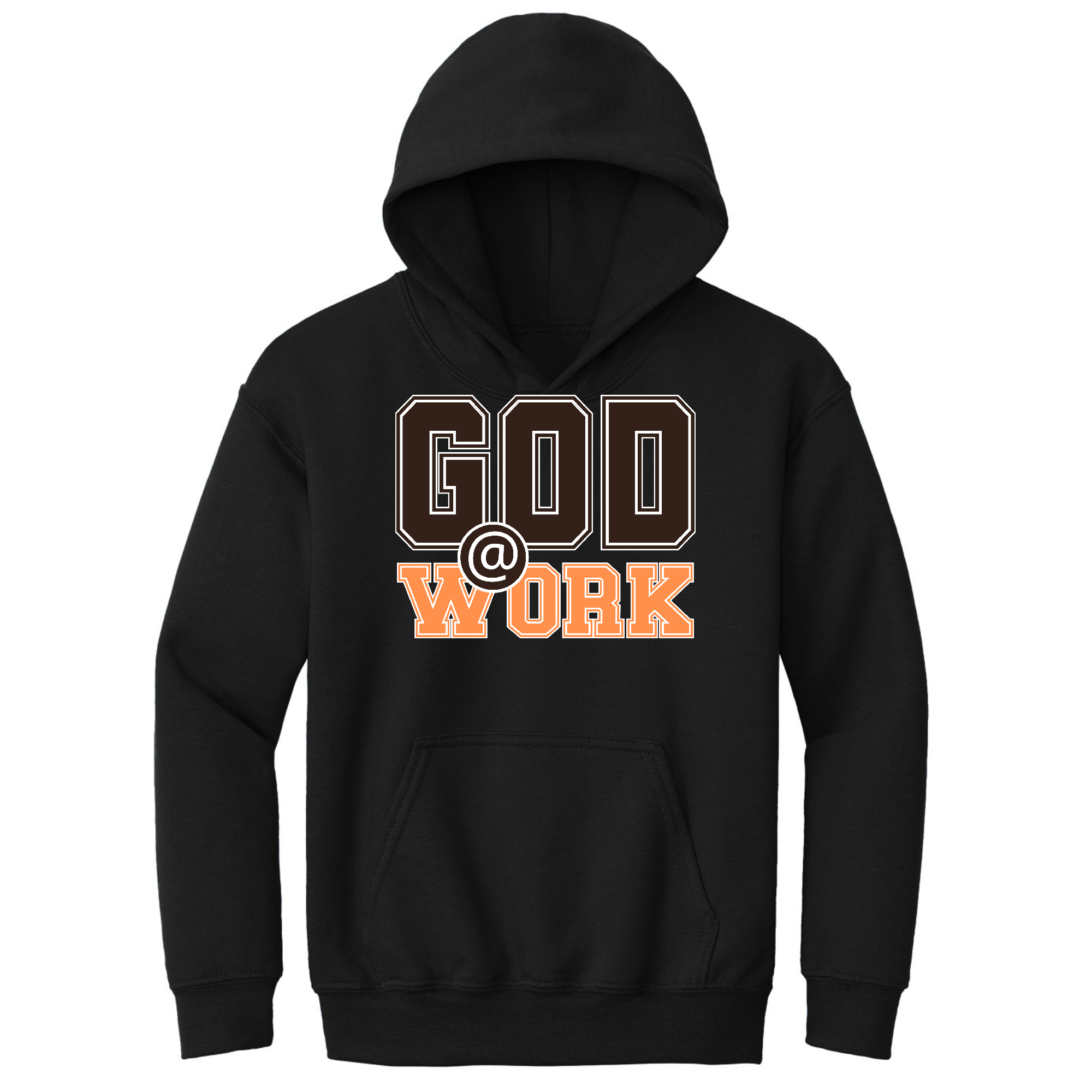 Youth long sleeve hoodie in brown and orange with 'God @ Work' graphic print, featuring a drawstring neckline and comfortable fit.