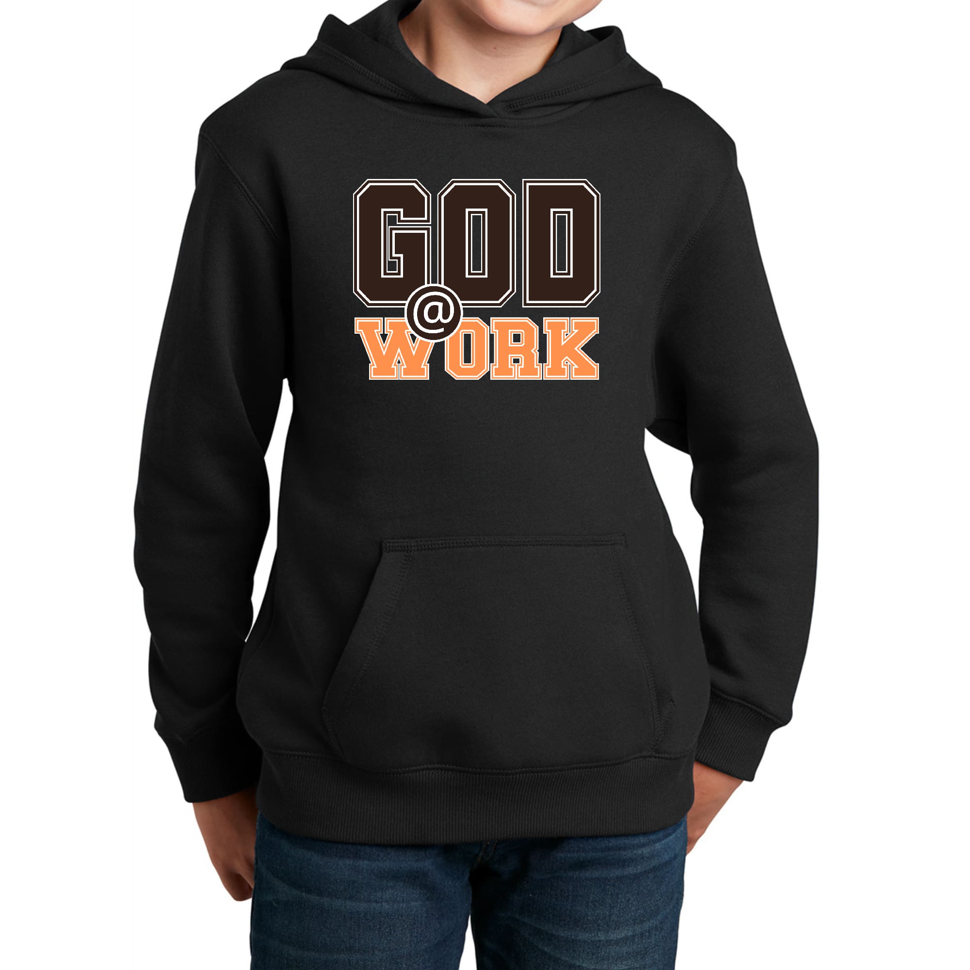 Youth long sleeve hoodie in brown and orange with 'God @ Work' graphic print, featuring a drawstring neckline and comfortable fit.