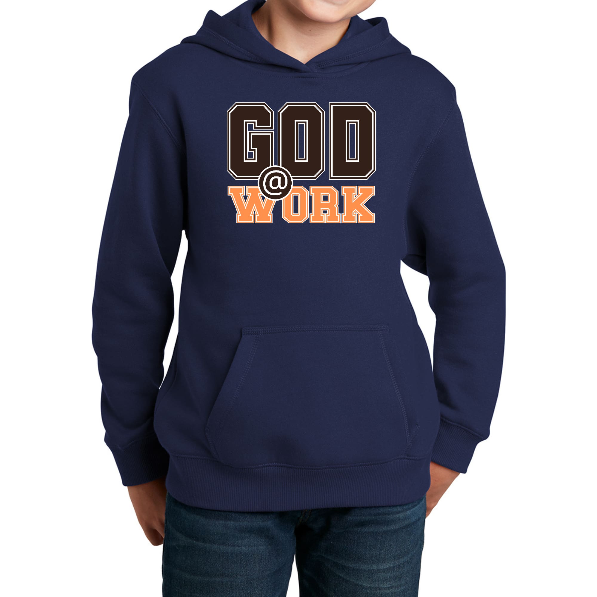 Youth long sleeve hoodie in brown and orange with 'God @ Work' graphic print, featuring a drawstring neckline and comfortable fit.