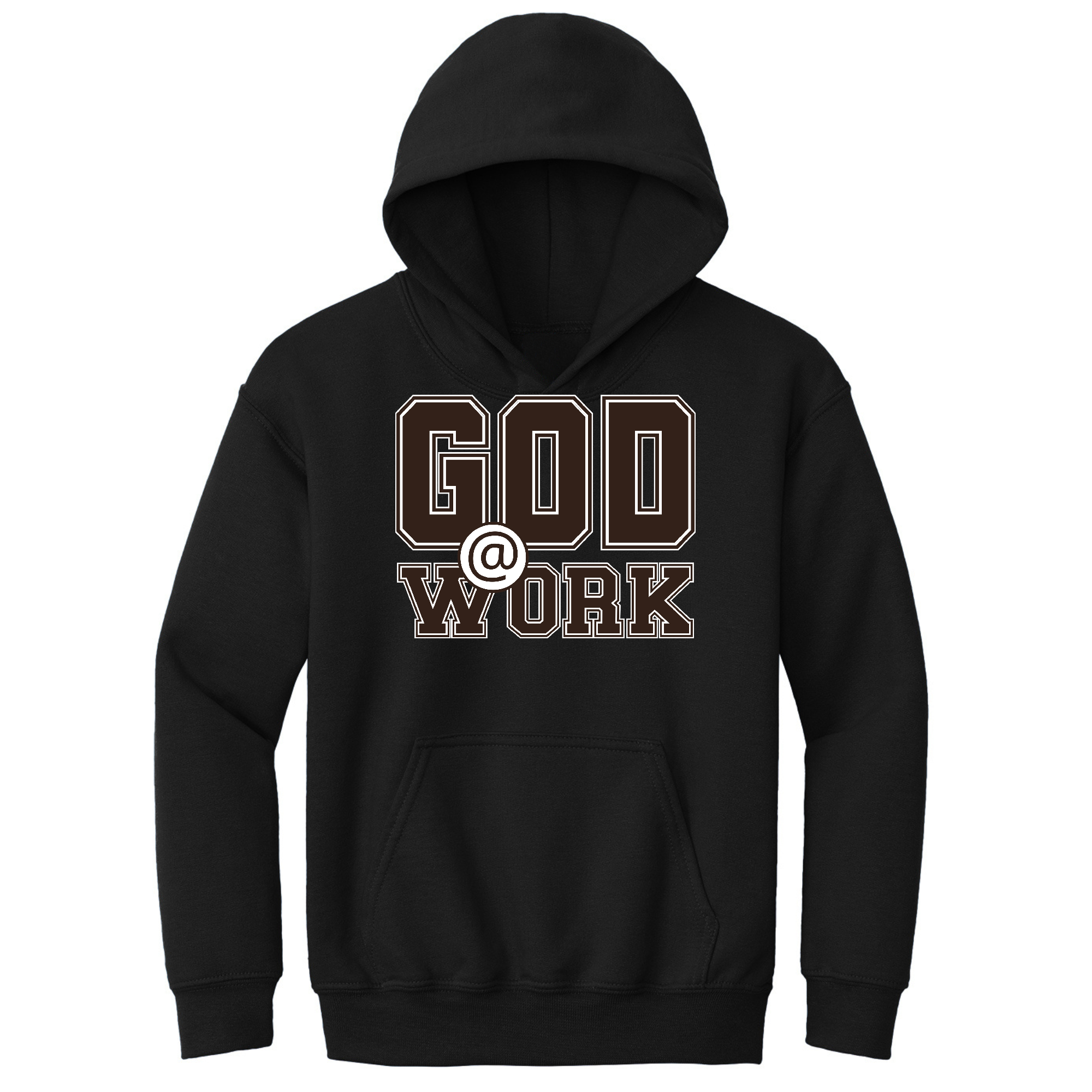 Youth long sleeve hoodie featuring 'God @ Work' brown and white print, showcasing a comfortable and stylish design.