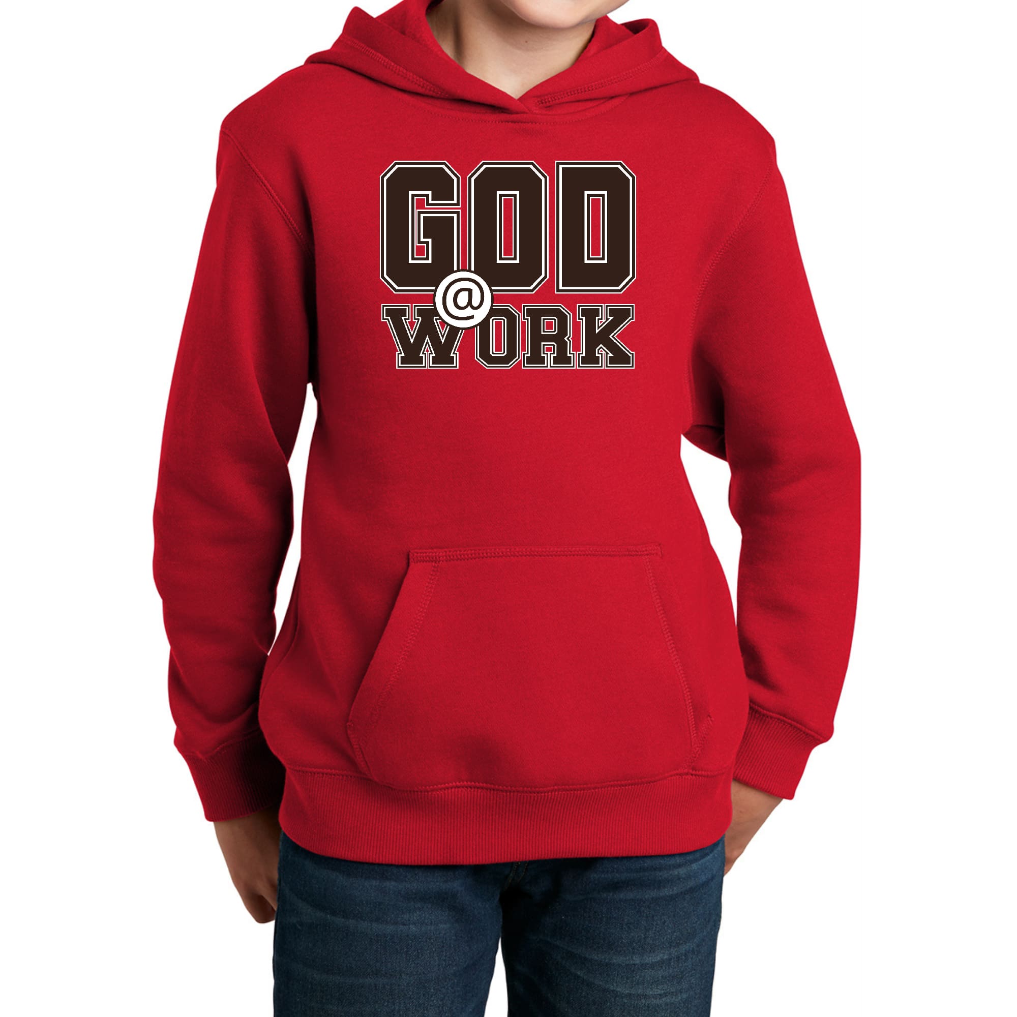 Youth long sleeve hoodie featuring 'God @ Work' brown and white print, showcasing a comfortable and stylish design.