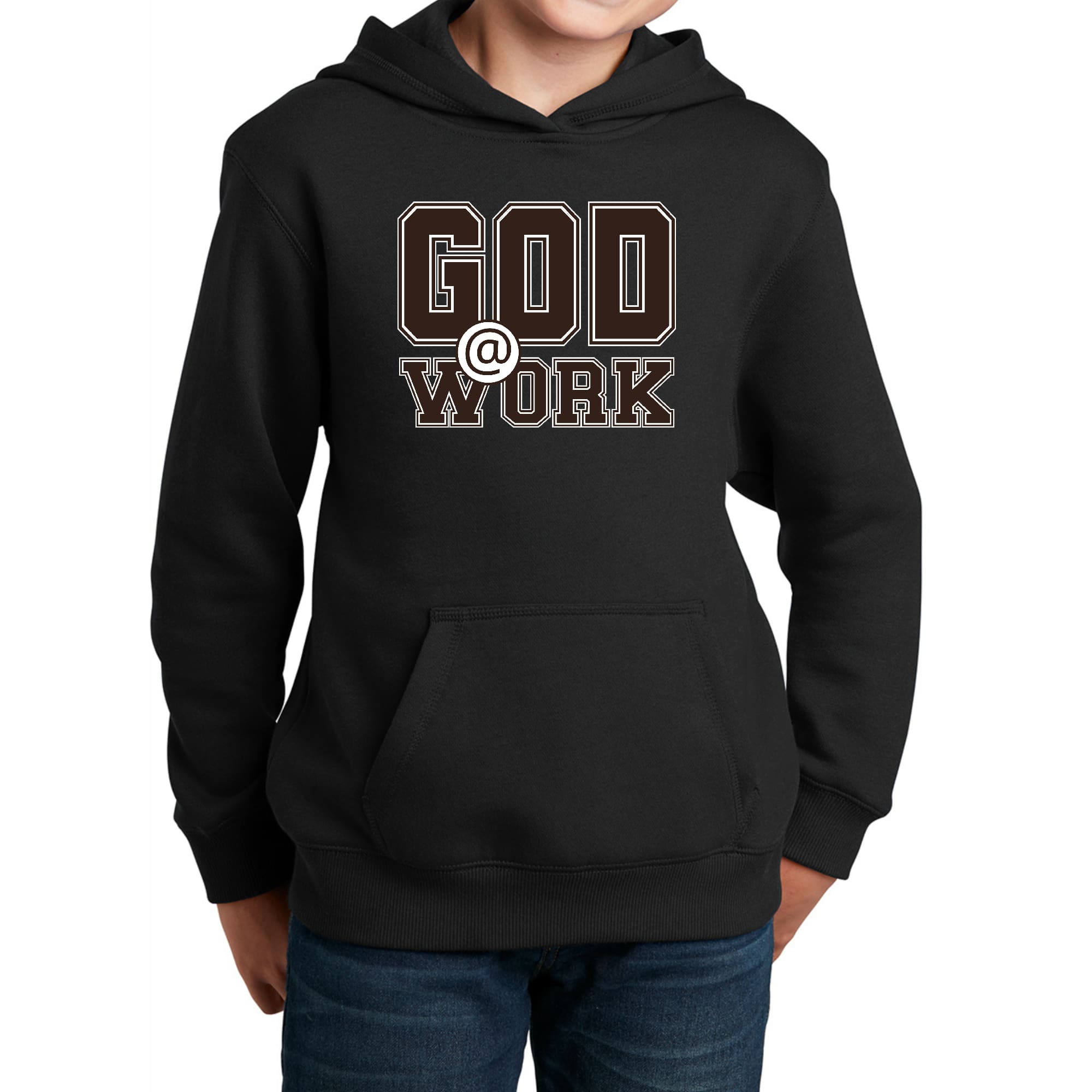 Youth long sleeve hoodie featuring 'God @ Work' brown and white print, showcasing a comfortable and stylish design.