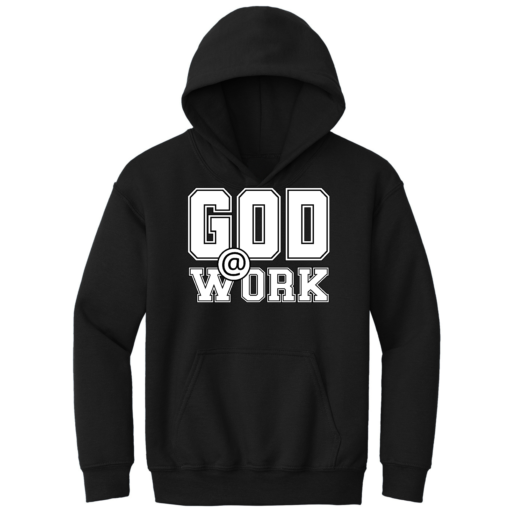 Youth Long Sleeve Hoodie featuring God @ Work print in white and black, showcasing a comfortable and stylish design.