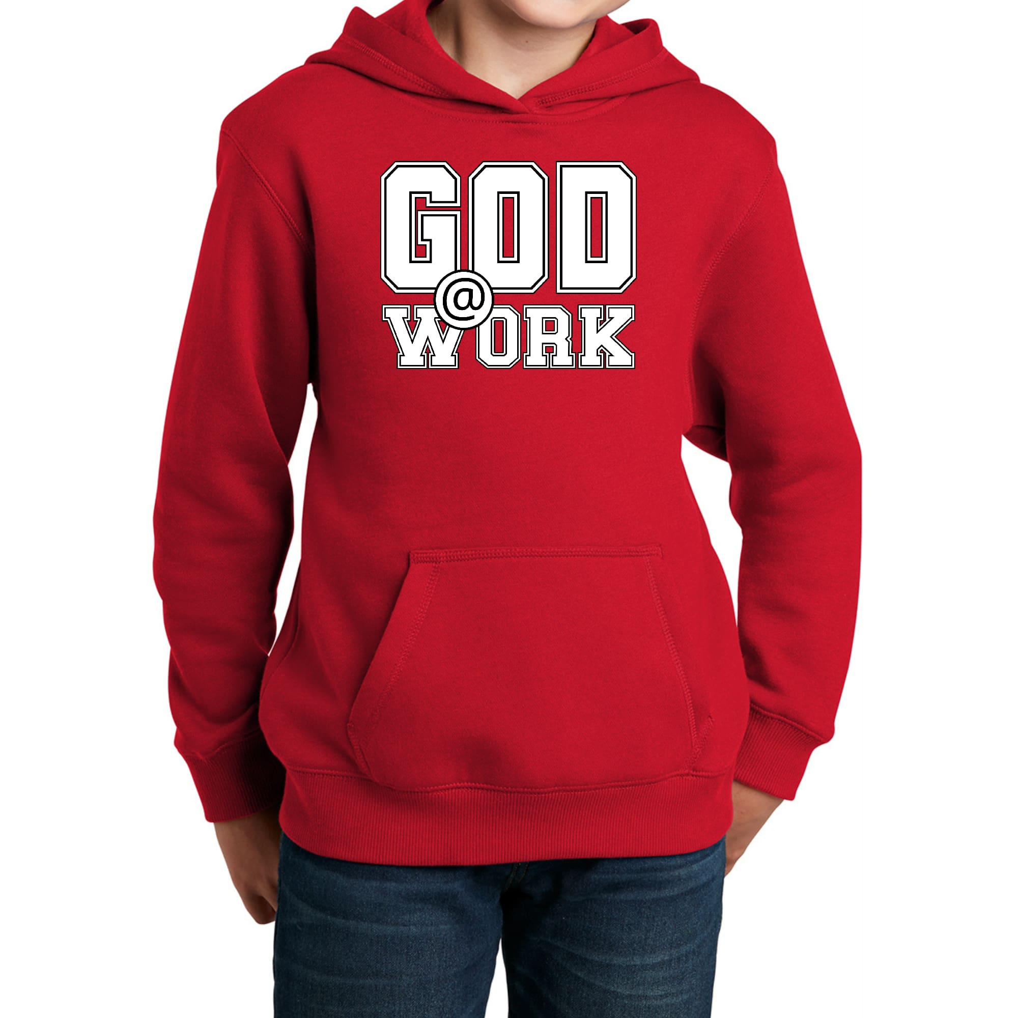 Youth Long Sleeve Hoodie featuring God @ Work print in white and black, showcasing a comfortable and stylish design.