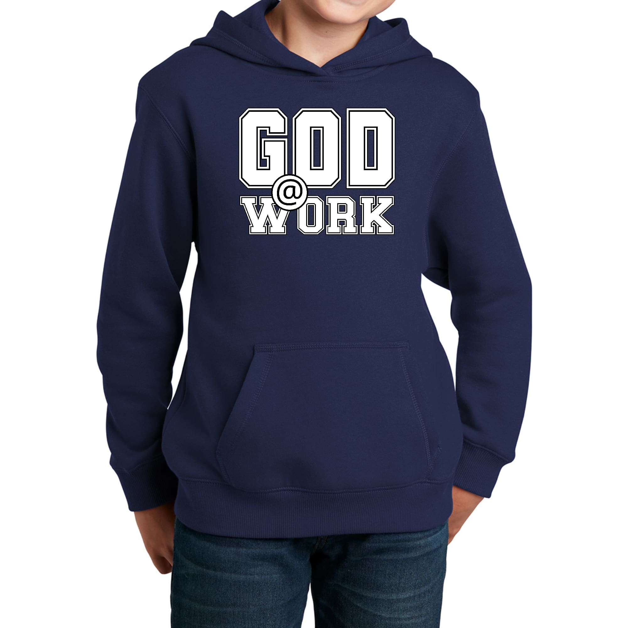 Youth Long Sleeve Hoodie featuring God @ Work print in white and black, showcasing a comfortable and stylish design.