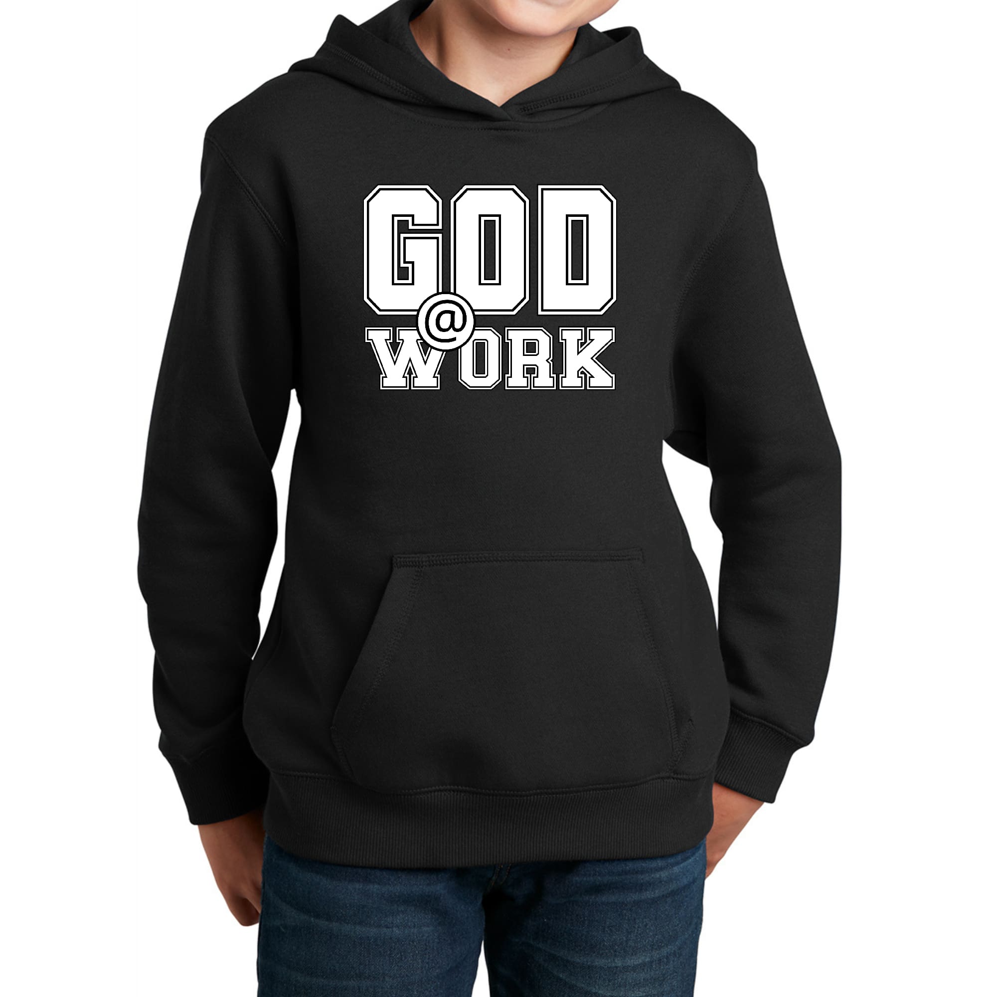 Youth Long Sleeve Hoodie featuring God @ Work print in white and black, showcasing a comfortable and stylish design.