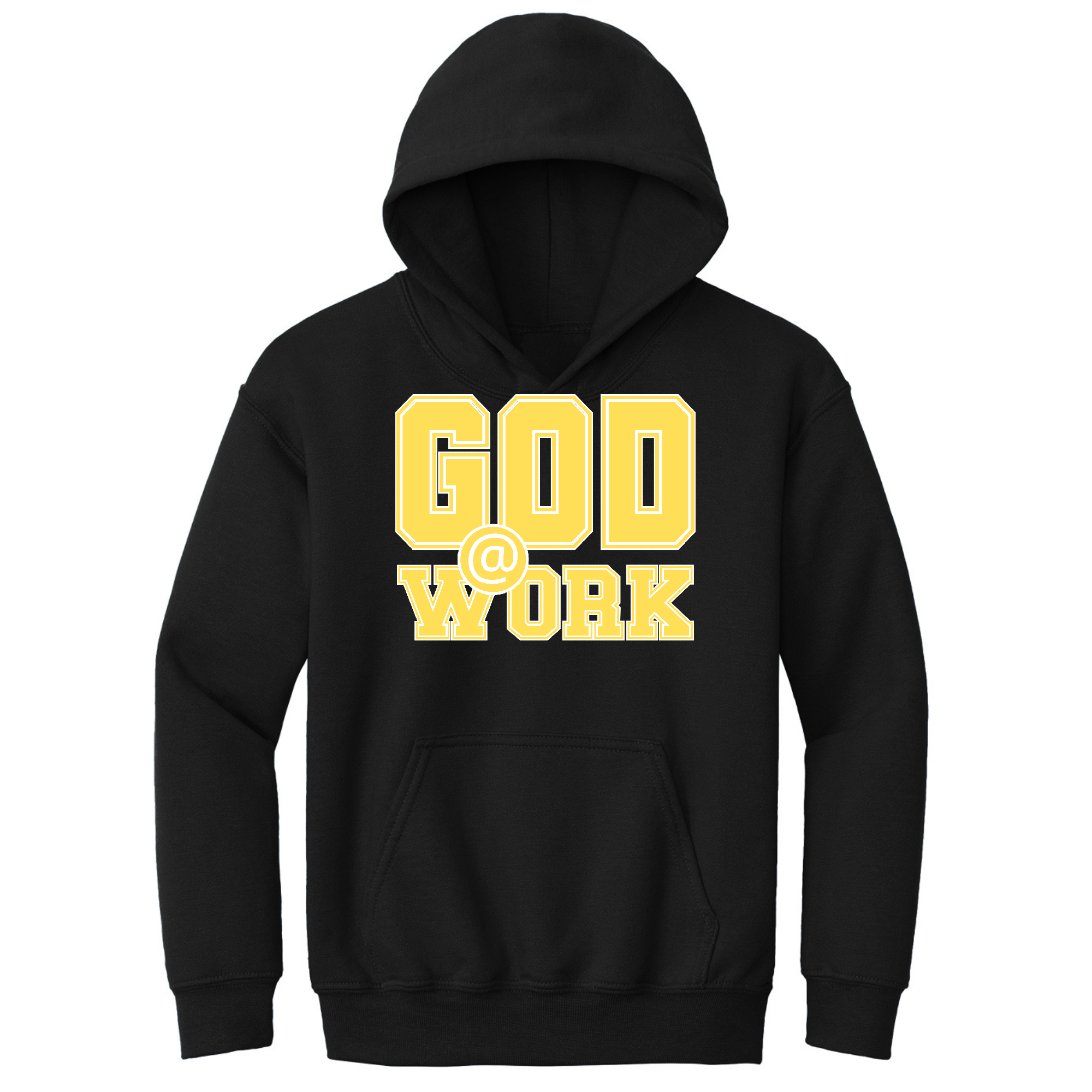 Youth long sleeve hoodie in yellow and white with God @ Work graphic print, showcasing a comfortable and stylish design.