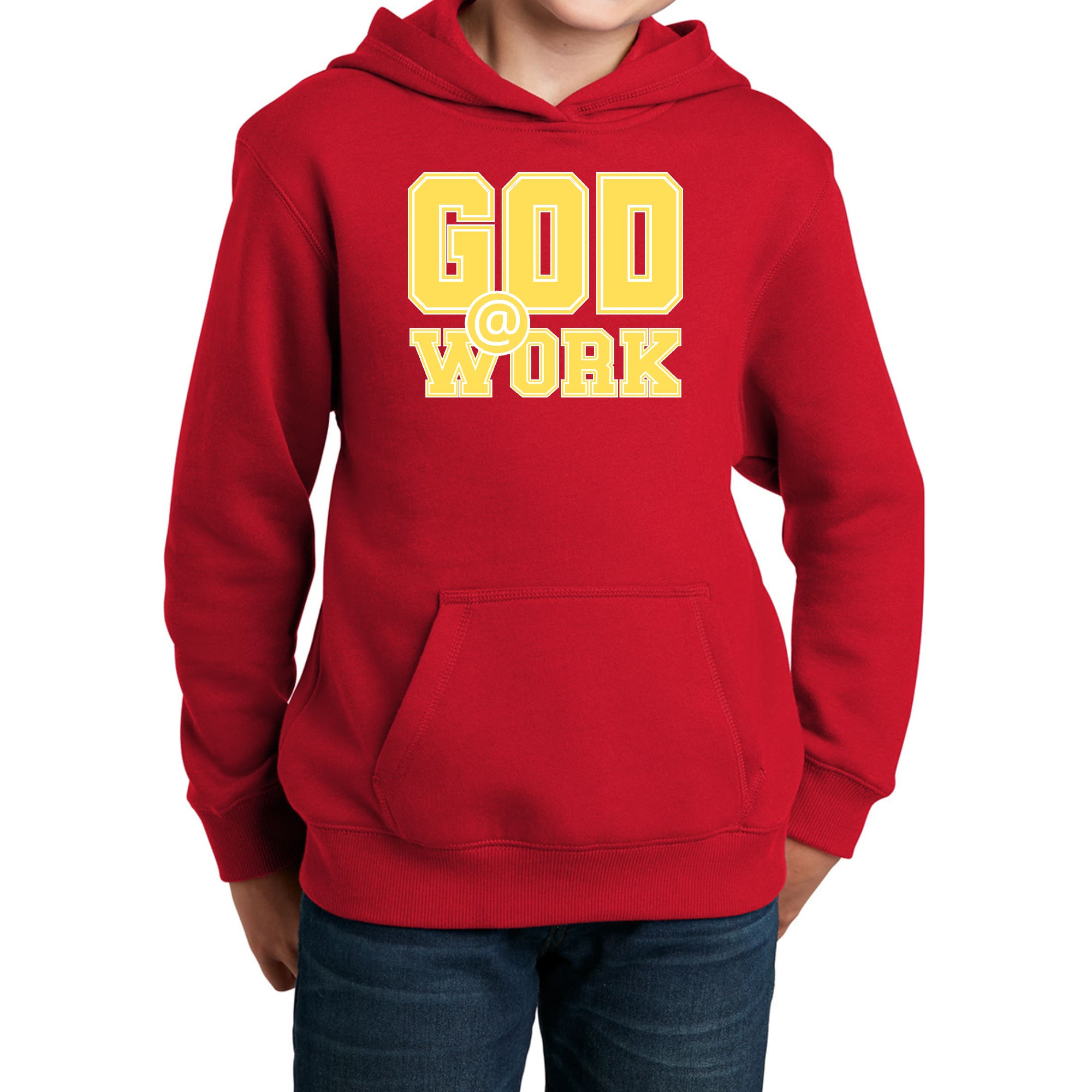 Youth long sleeve hoodie in yellow and white with God @ Work graphic print, showcasing a comfortable and stylish design.