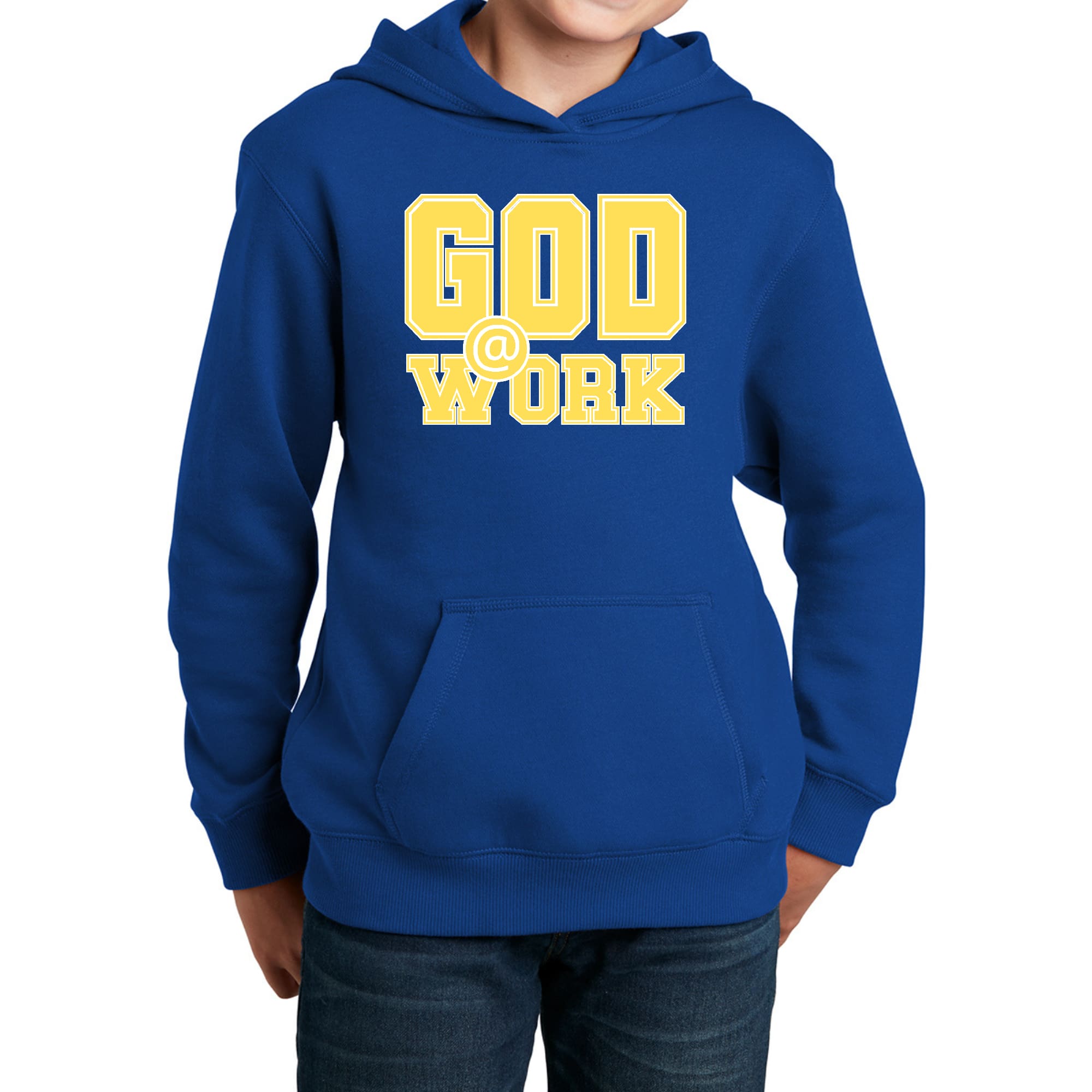 Youth long sleeve hoodie in yellow and white with God @ Work graphic print, showcasing a comfortable and stylish design.