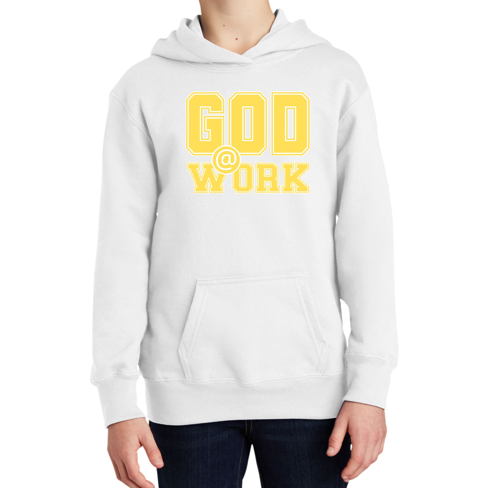 Youth long sleeve hoodie in yellow and white with God @ Work graphic print, showcasing a comfortable and stylish design.